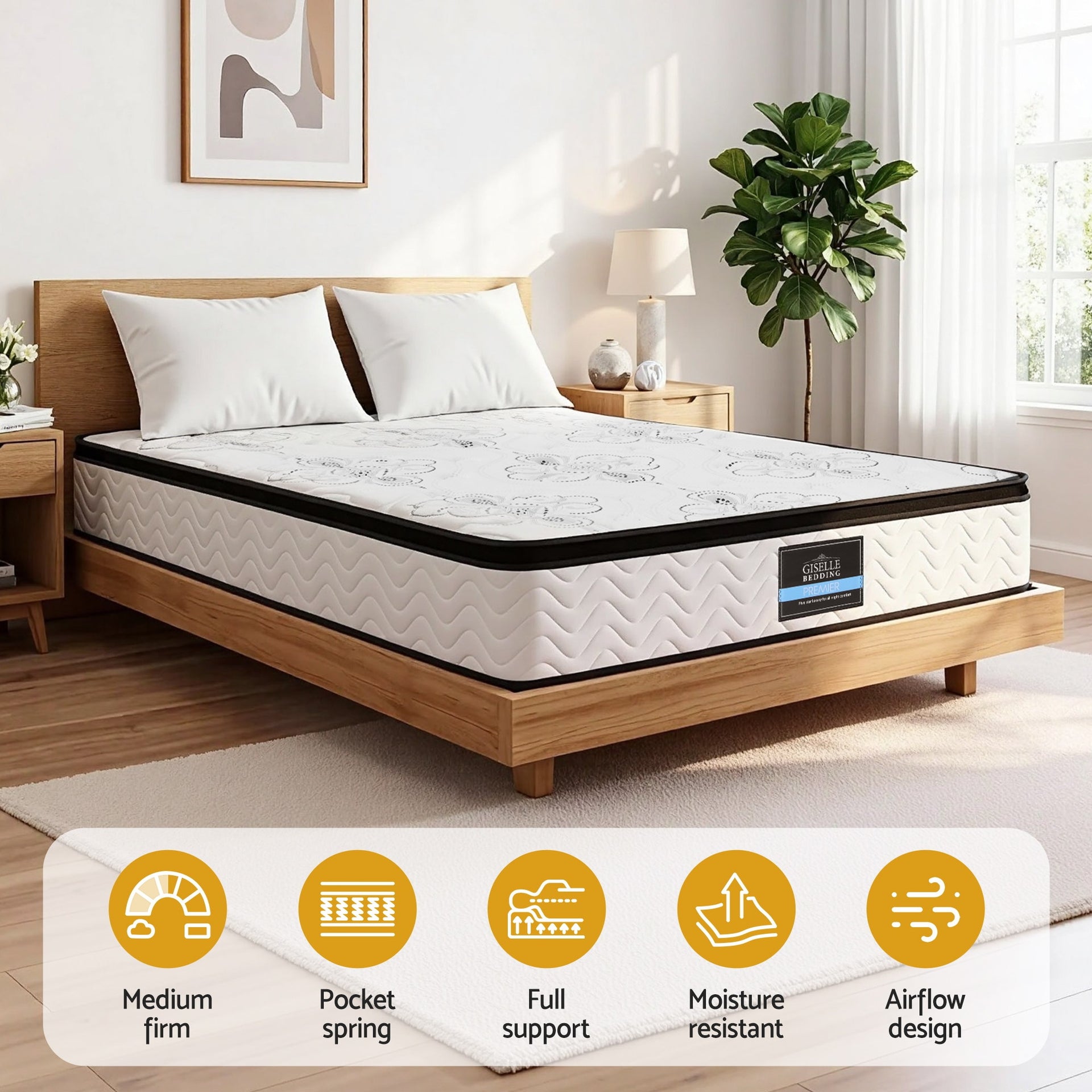 Giselle Bedding Queen Mattress 30cm Pocket Spring Euro Top Medium Firm Foam Awezingly