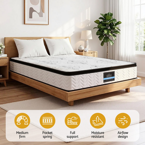 Giselle Bedding Queen Mattress 30cm Pocket Spring Euro Top Medium Firm Foam Awezingly