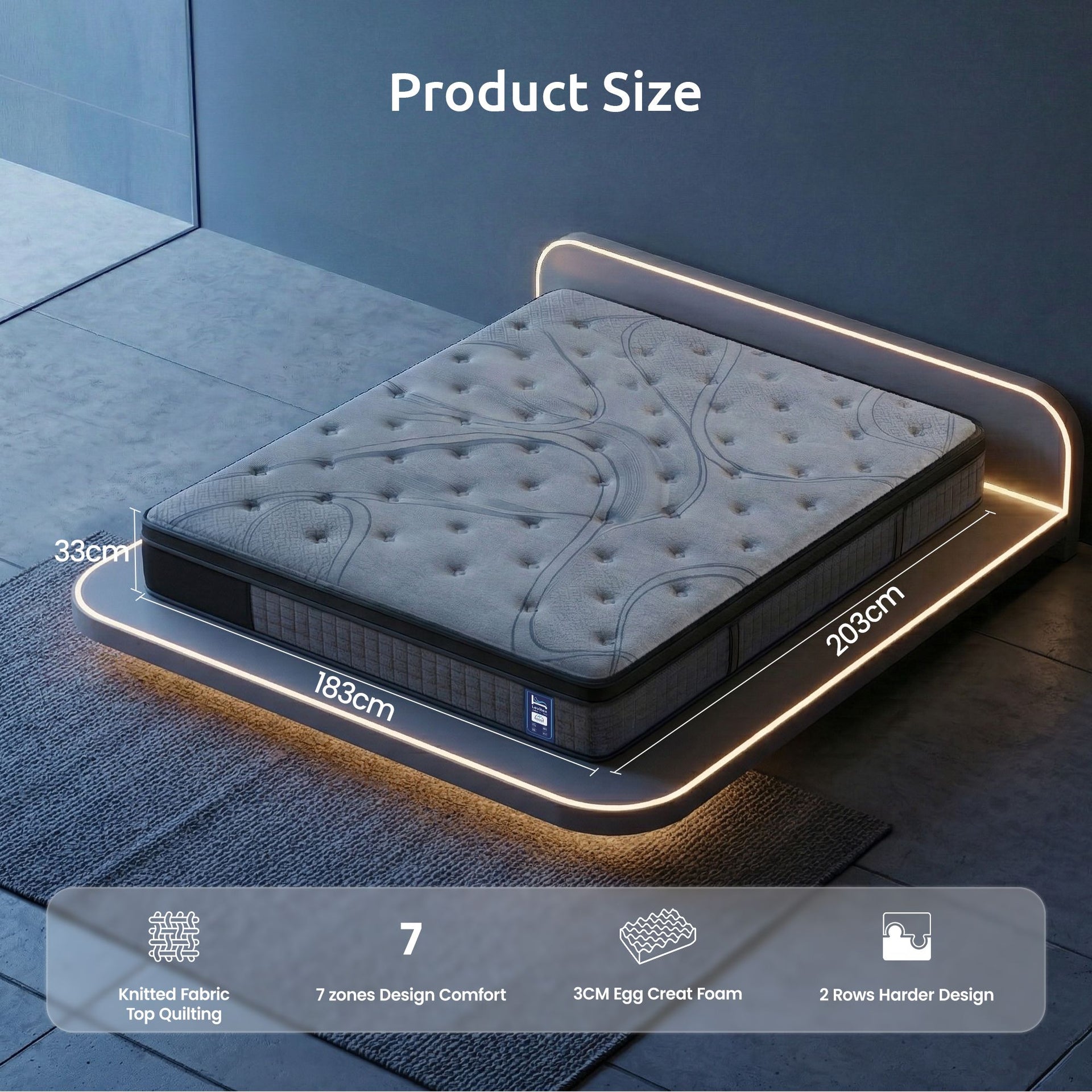 Levitex 33 cm Mattress 8.0 Extra Firm 7-Zone Pocket Spring Mattress with Dual-Row Edge Support & Breathable Knit Cover King Awezingly