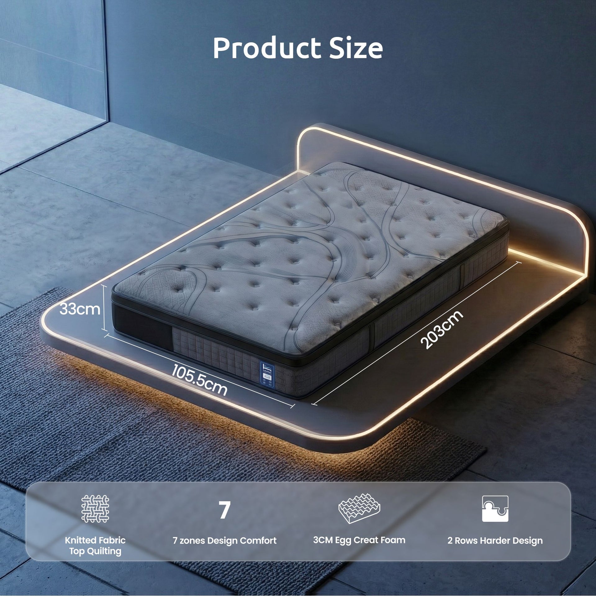 Levitex 33 cm Mattress 8.0 Extra Firm 7-Zone Pocket Spring Mattress with Dual-Row Edge Support & Breathable Knit Cover King Single Awezingly