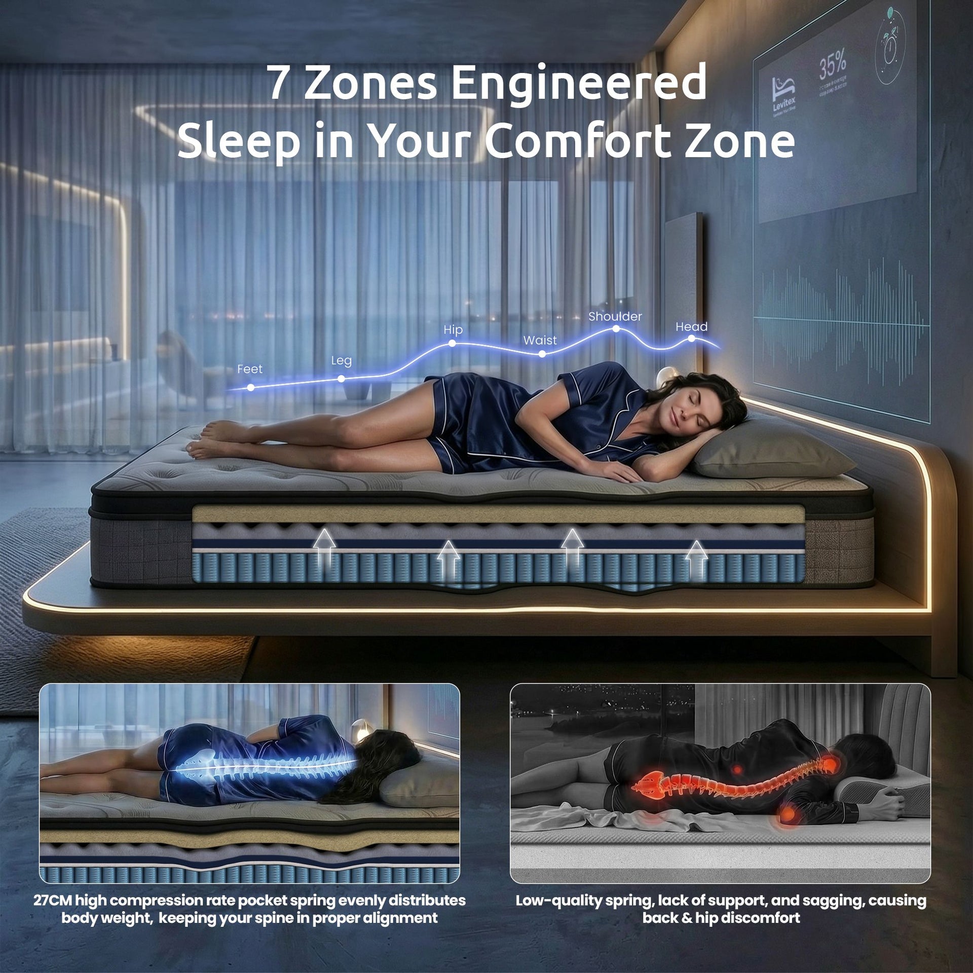 Levitex 33 cm Mattress 8.0 Extra Firm 7-Zone Pocket Spring Mattress with Dual-Row Edge Support & Breathable Knit Cover King Single Awezingly
