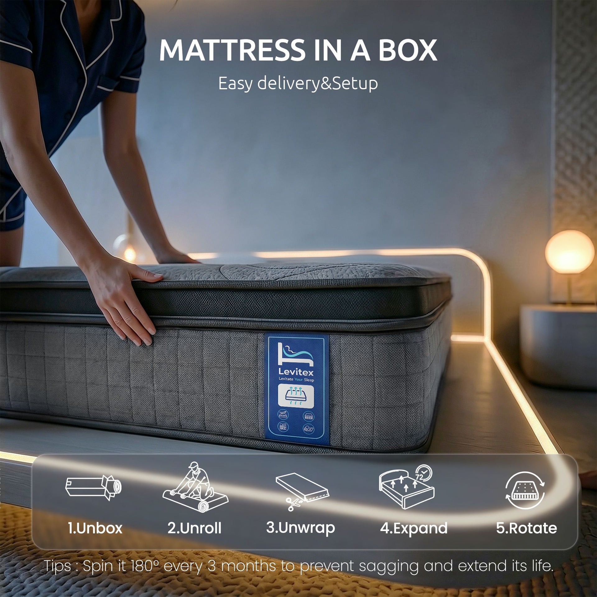 Levitex 33 cm Mattress 8.0 Extra Firm 7-Zone Pocket Spring Mattress with Dual-Row Edge Support & Breathable Knit Cover King Single Awezingly