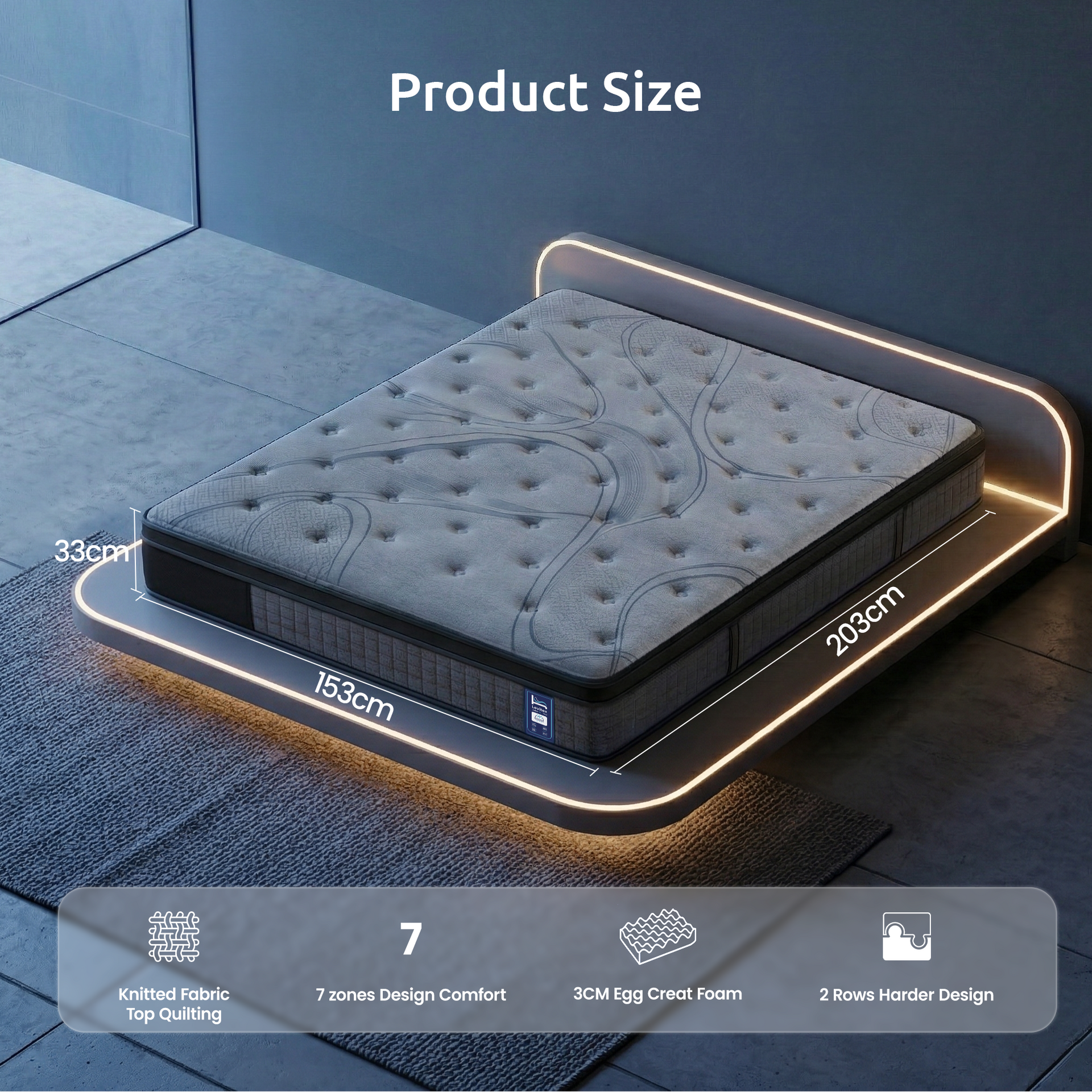 Levitex 33 cm Mattress 8.0 Extra Firm 7-Zone Pocket Spring Mattress with Dual-Row Edge Support & Breathable Knit Cover Queen Awezingly