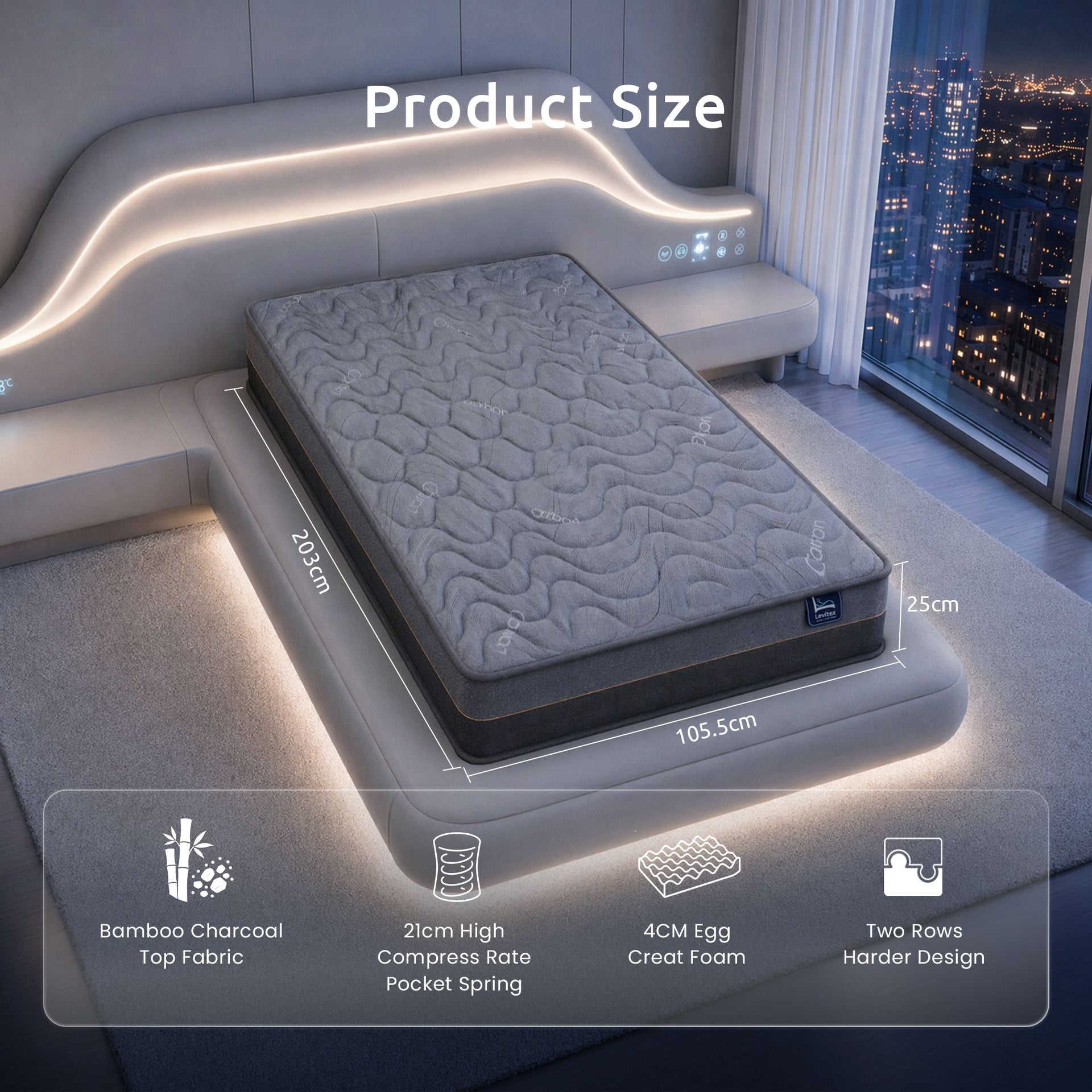 Levitex 25 cm Hybrid Pocket Spring Mattress Firm with 4cm Egg Crate Foam for Deep Sleep Bamboo Charcoal Fabric ‌King Single Awezingly