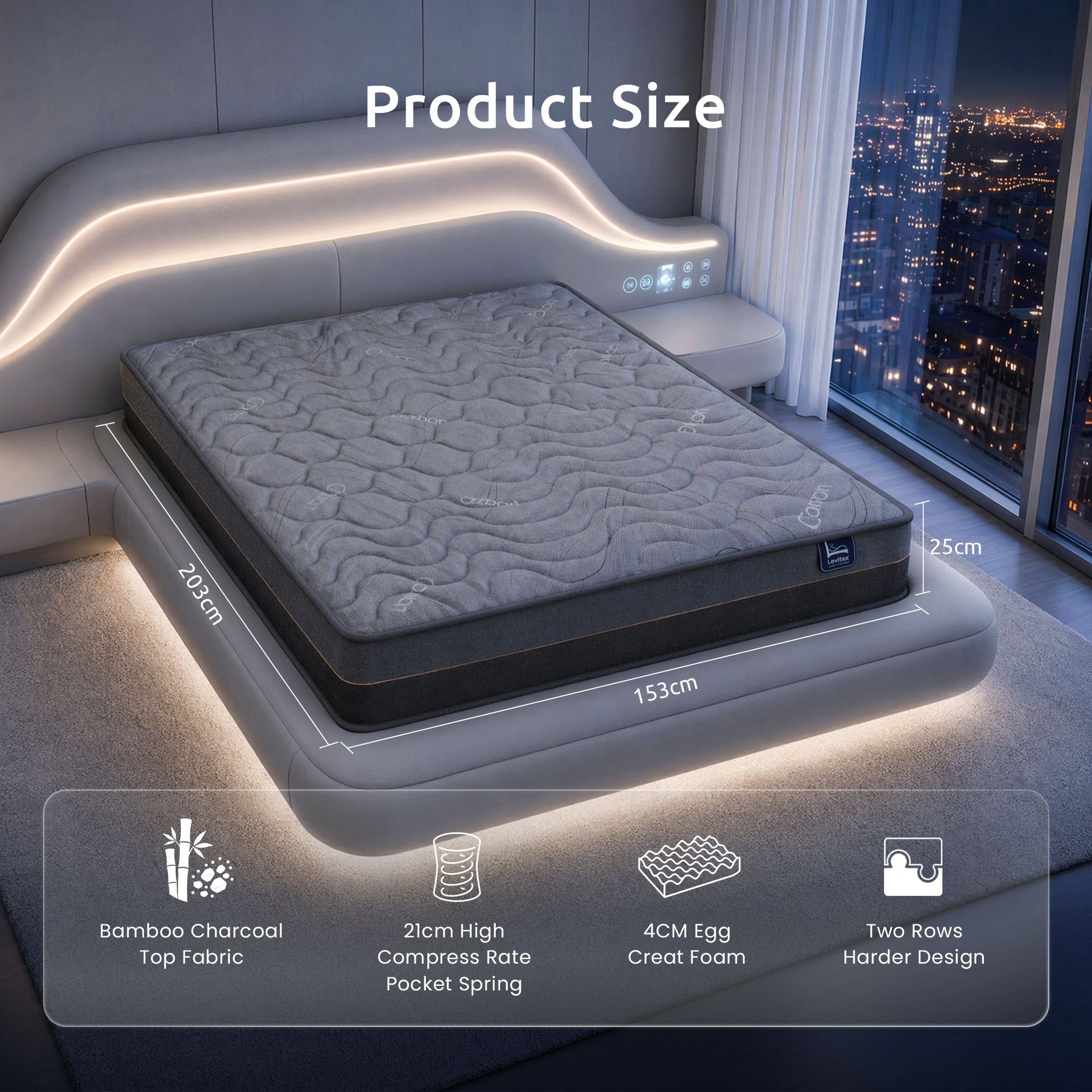 Levitex 25 cm Hybrid Pocket Spring Mattress Firm with 4cm Egg Crate Foam for Deep Sleep Bamboo Charcoal Fabric Queen Awezingly