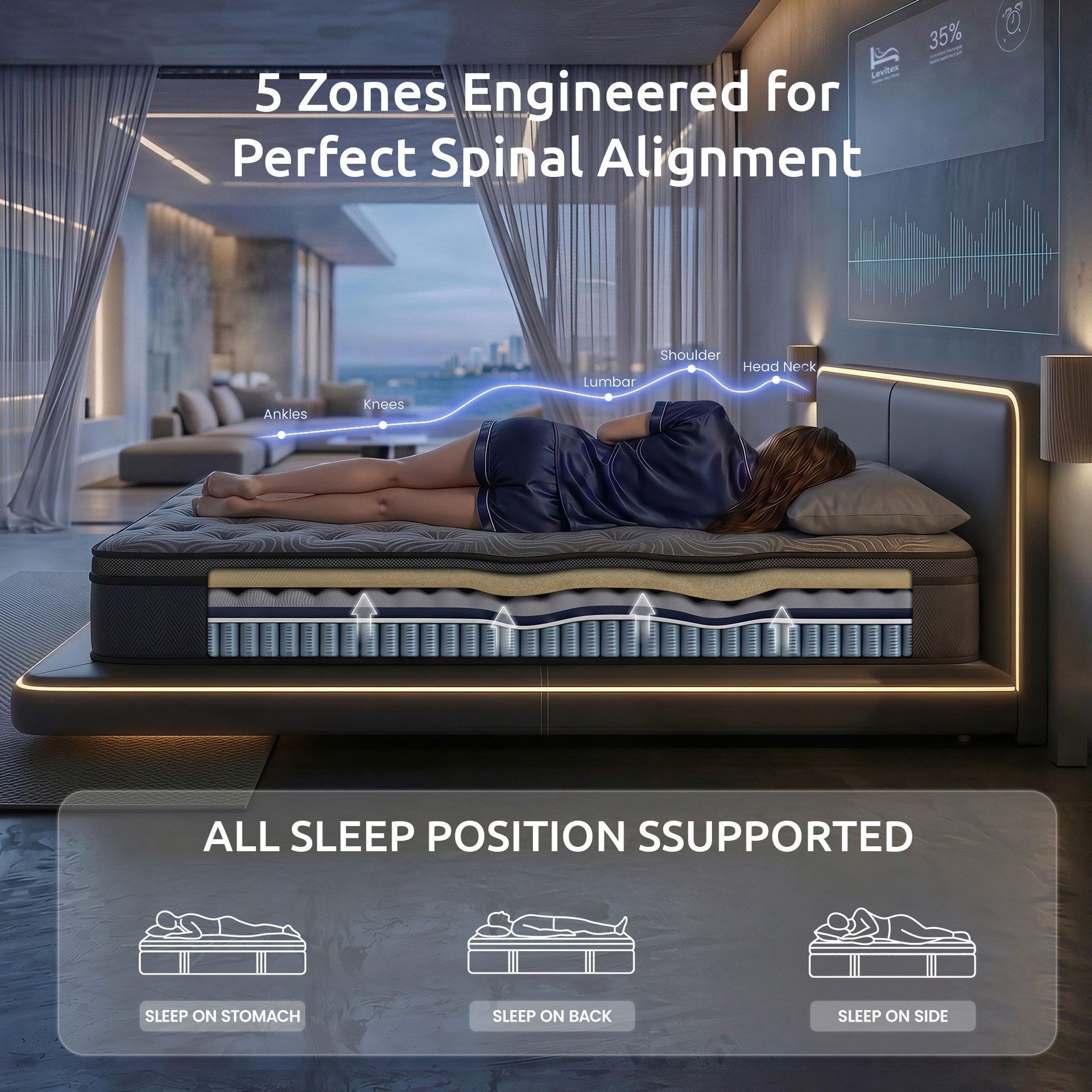 Levitex 34 cm Pocket Spring Mattress with Reinforced Edge Support & 5-Zone Pressure Relief Breathable Gel Memory Foam Hybrid Mattress for Back Pain ‌King Single Awezingly