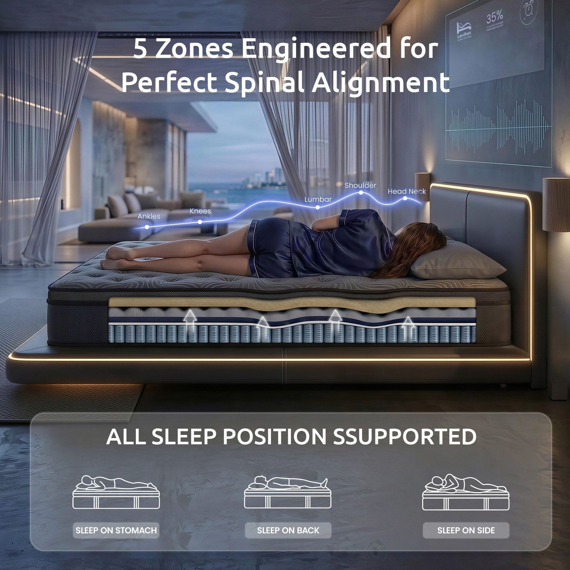 Levitex 34 cm Pocket Spring Mattress with Reinforced Edge Support & 5-Zone Pressure Relief Breathable Gel Memory Foam Hybrid Mattress for Back Pain Queen Awezingly