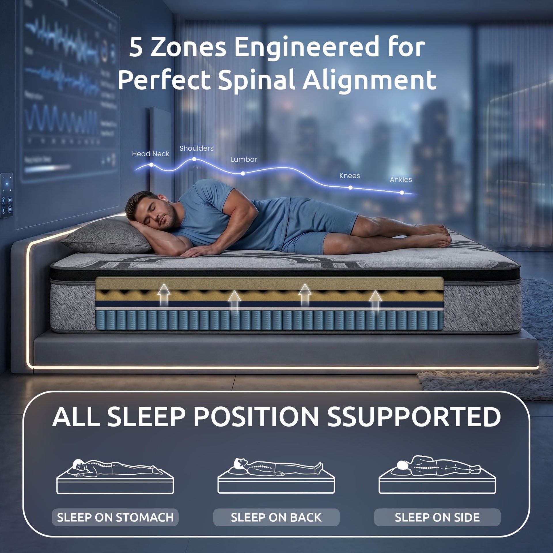 Levitex 5-Zone Pocket Spring Mattress with Latex & Memory Foam 7.5 Firm Hybrid Mattress for Extra Lumbar & Shoulder Support 34 cm Thickness King Awezingly
