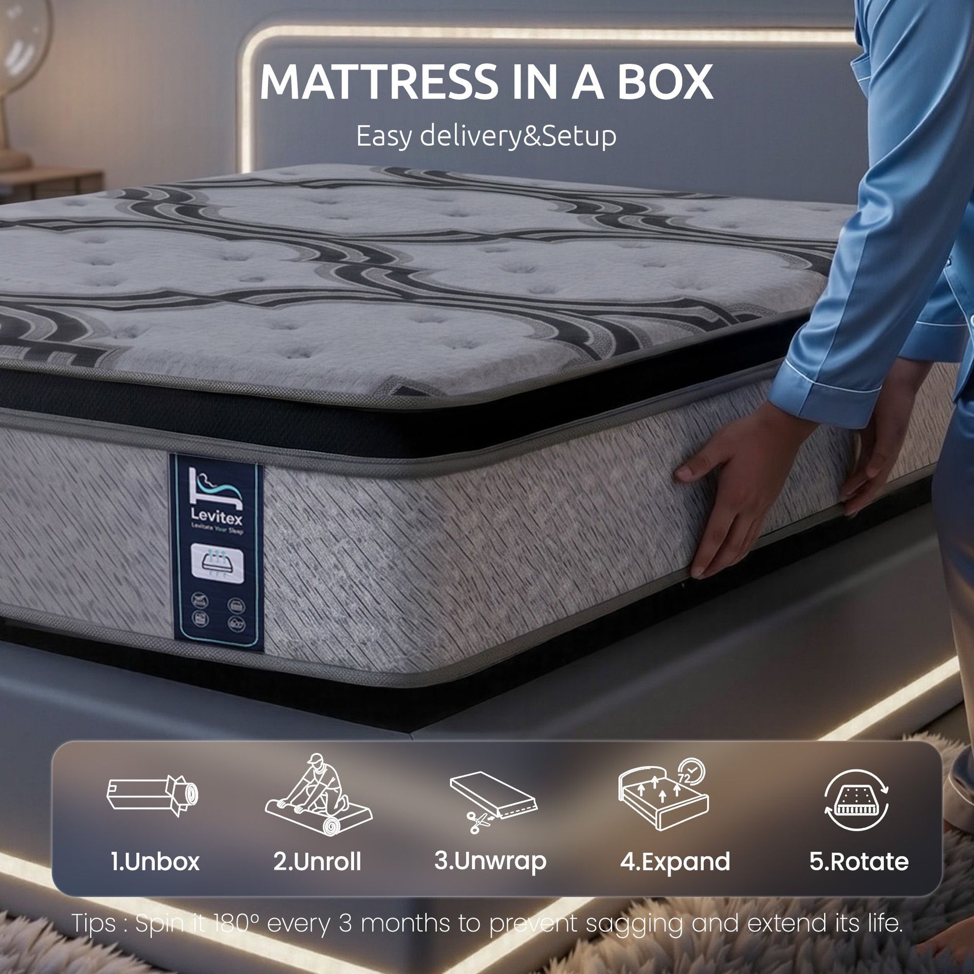 Levitex 5-Zone Pocket Spring Mattress with Latex & Memory Foam 7.5 Firm Hybrid Mattress for Extra Lumbar & Shoulder Support 34 cm Thickness Single Awezingly