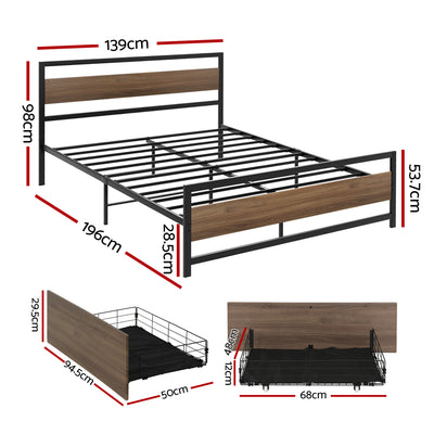 Artiss Bed Frame Double Size Metal Frame with 2 Drawers DREW