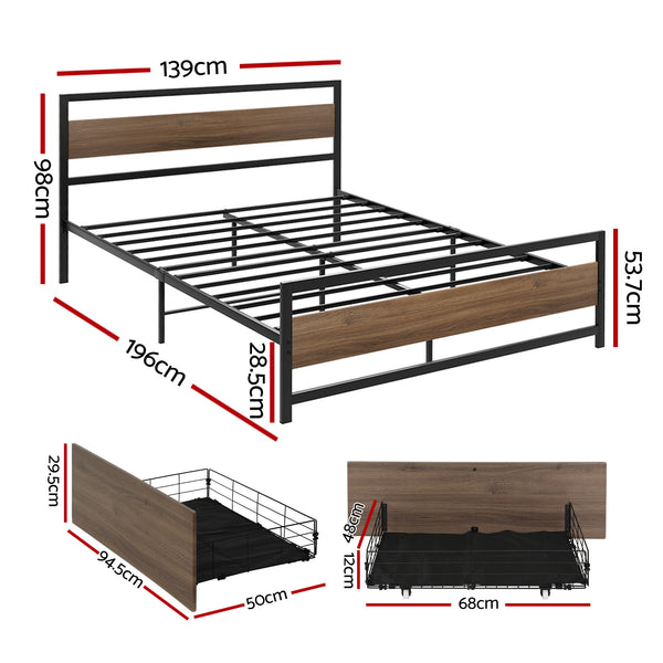 Artiss Bed Frame Double Size Metal Frame with 2 Drawers DREW Awezingly