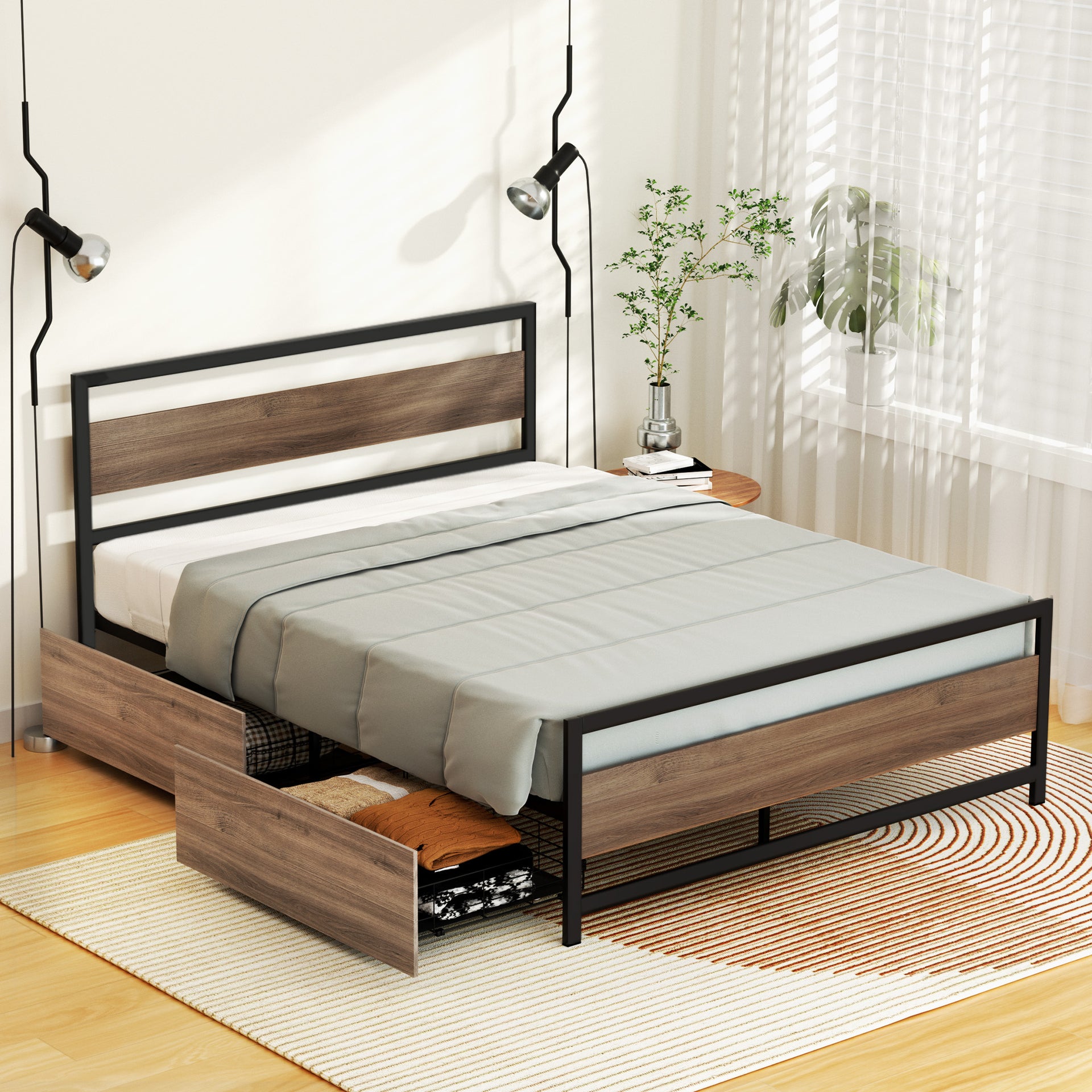 Artiss Bed Frame Queen Size Metal Frame with 2 Drawers DREW Awezingly