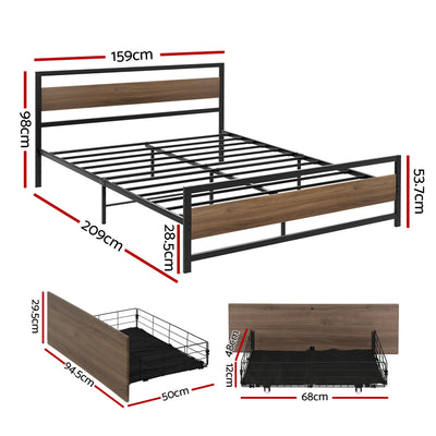 Artiss Bed Frame Queen Size Metal Frame with 2 Drawers DREW