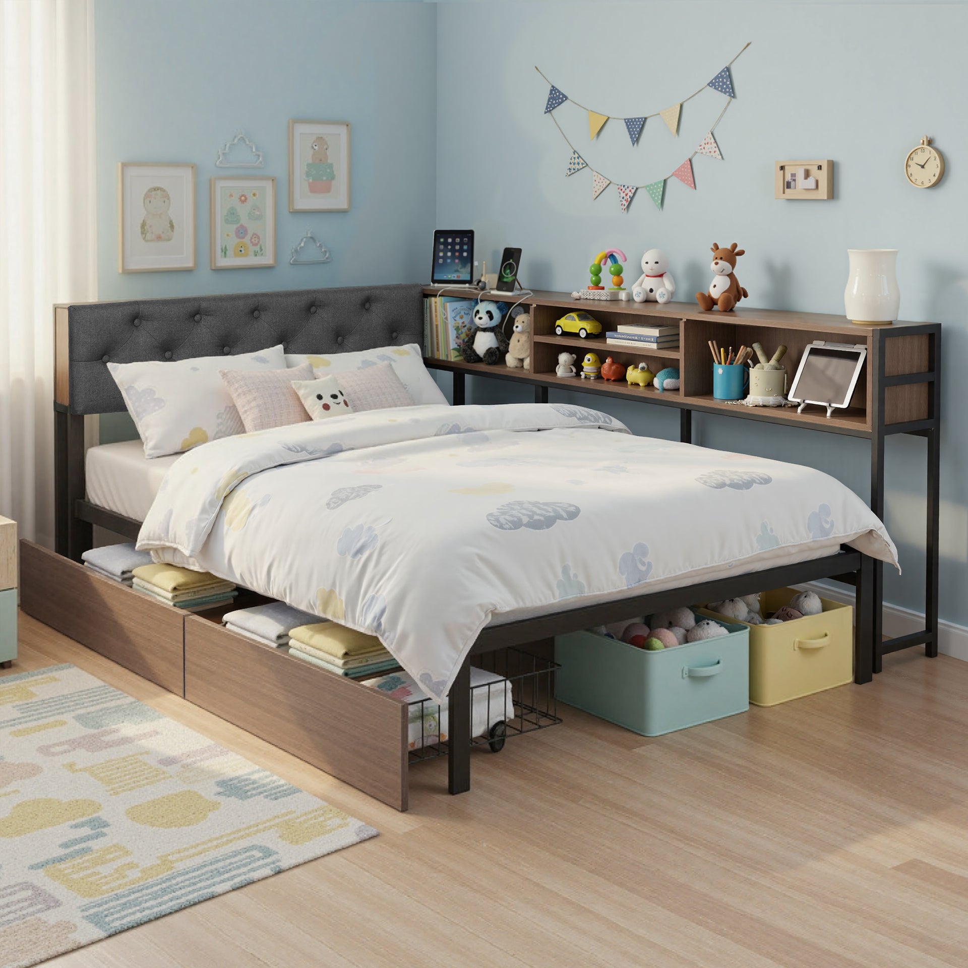 Artiss Bed Frame King Single Size with 2 Drawers and Charging Station Metal Corner Bed Base Awezingly