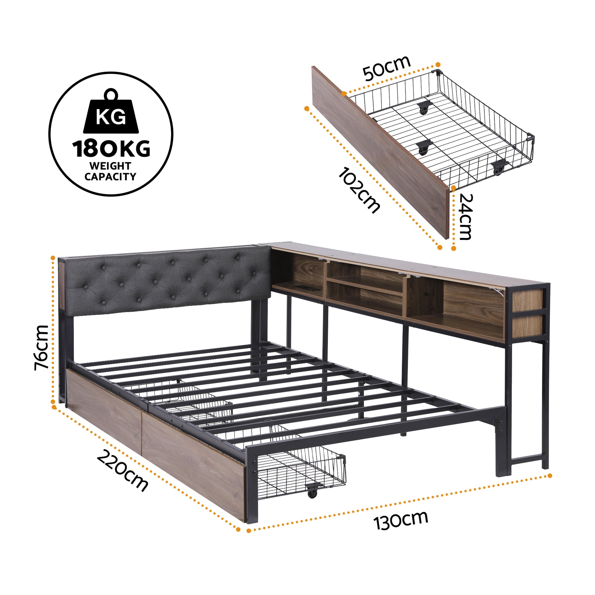 Artiss Bed Frame King Single Size with 2 Drawers and Charging Station Metal Corner Bed Base Awezingly