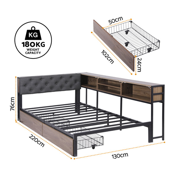Artiss Bed Frame King Single Size with 2 Drawers and Charging Station Metal Corner Bed Base Awezingly