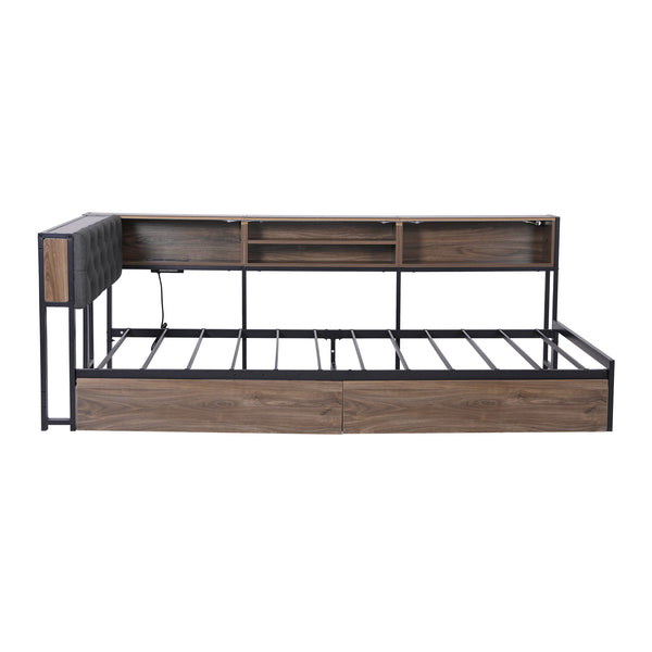 Artiss Bed Frame King Single Size with 2 Drawers and Charging Station Metal Corner Bed Base Awezingly