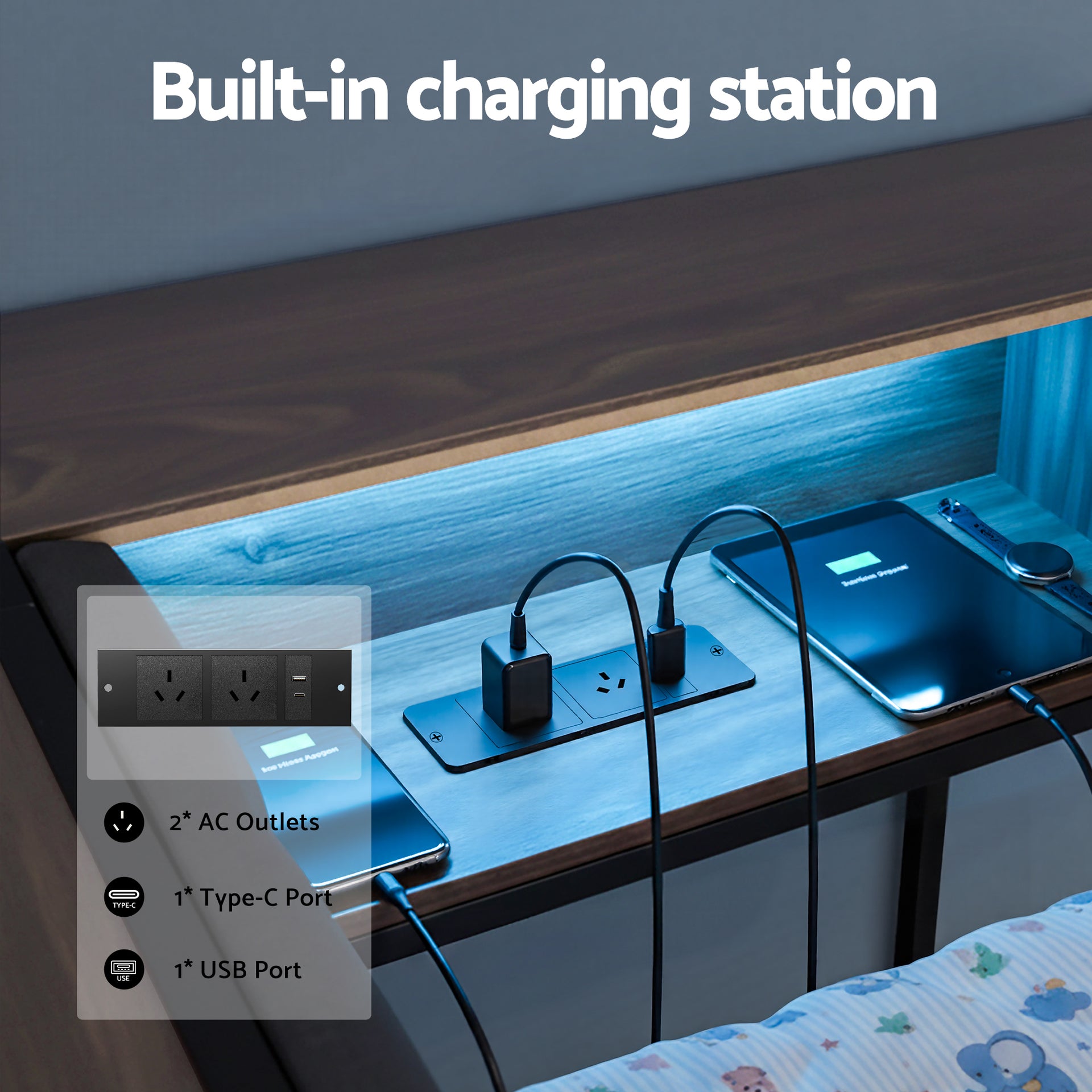 Artiss Bed Frame King Single Size with 2 Drawers and Charging Station Metal Corner Bed Base Awezingly