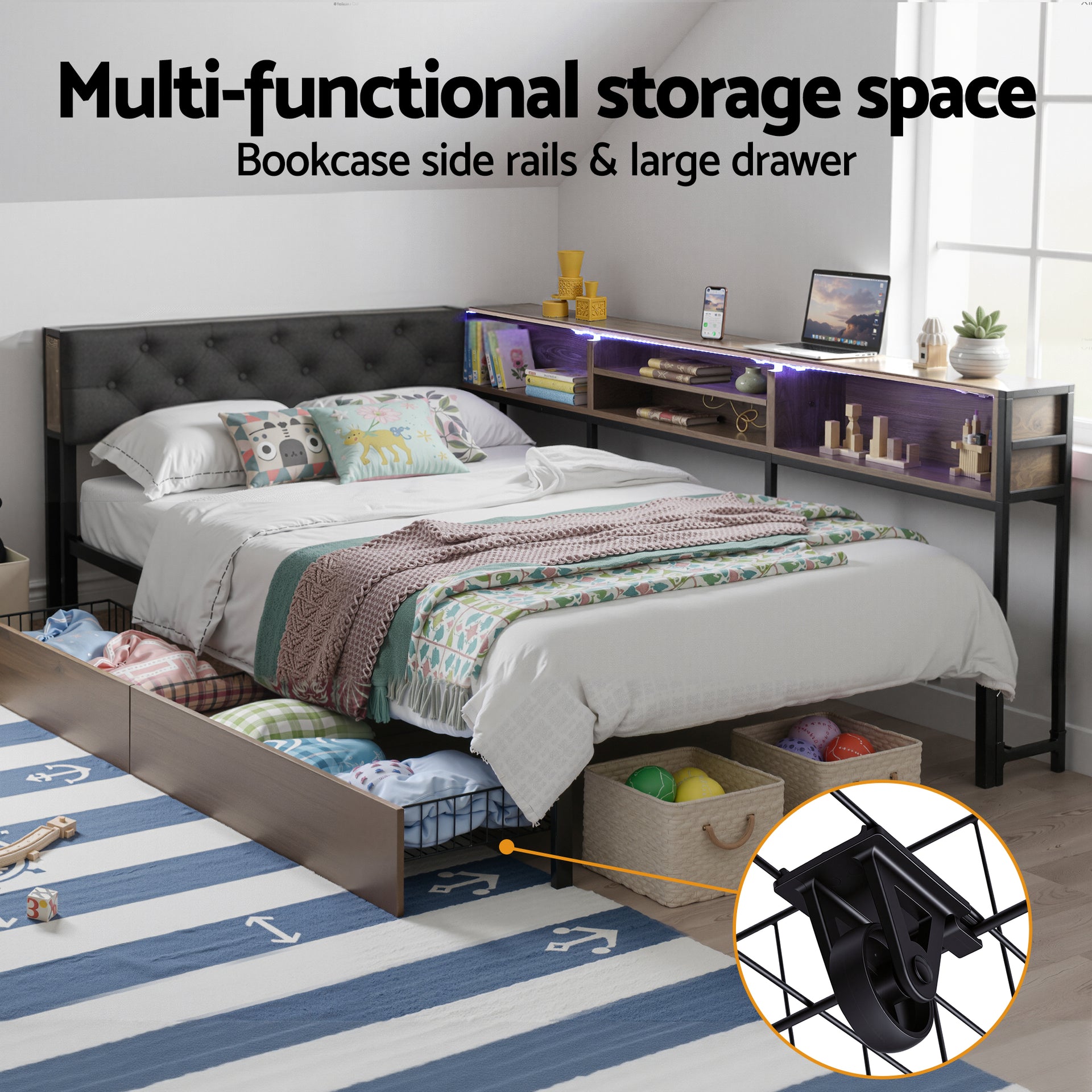 Artiss Bed Frame King Single Size with 2 Drawers and Charging Station Metal Corner Bed Base Awezingly