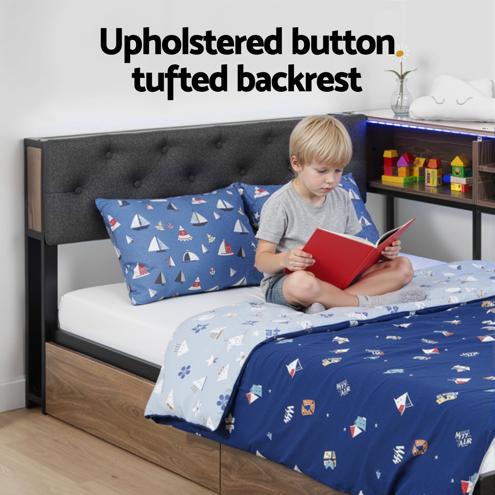 Artiss Bed Frame King Single Size with 2 Drawers and Charging Station Metal Corner Bed Base Awezingly