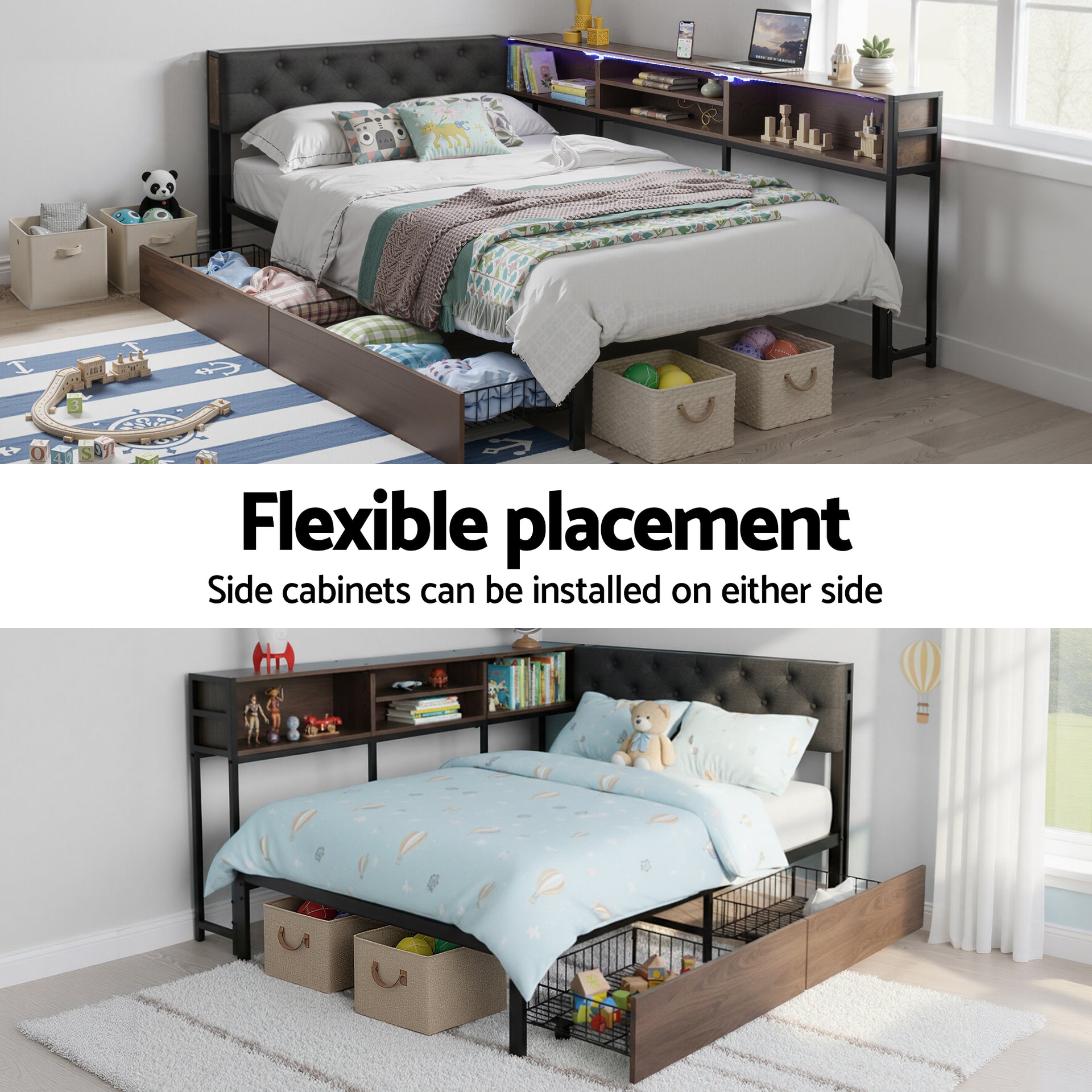 Artiss Bed Frame King Single Size with 2 Drawers and Charging Station Metal Corner Bed Base Awezingly