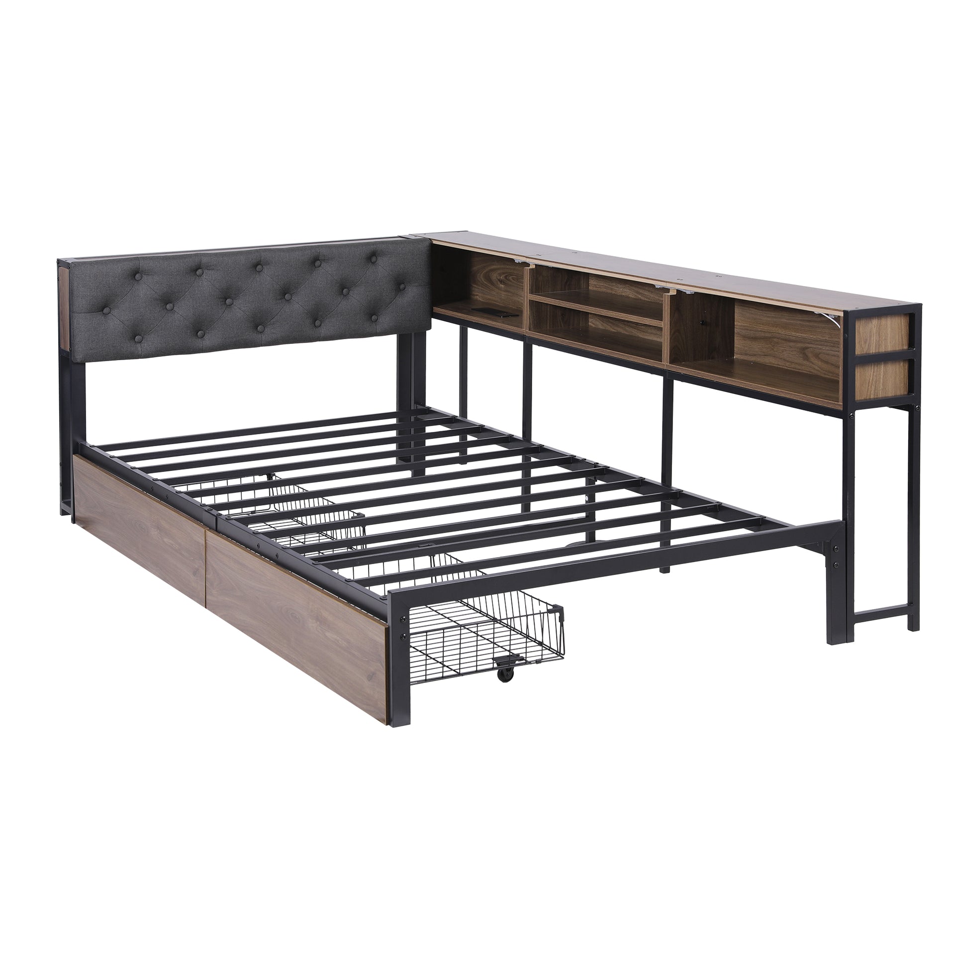 Artiss Bed Frame King Single Size with 2 Drawers and Charging Station Metal Corner Bed Base Awezingly