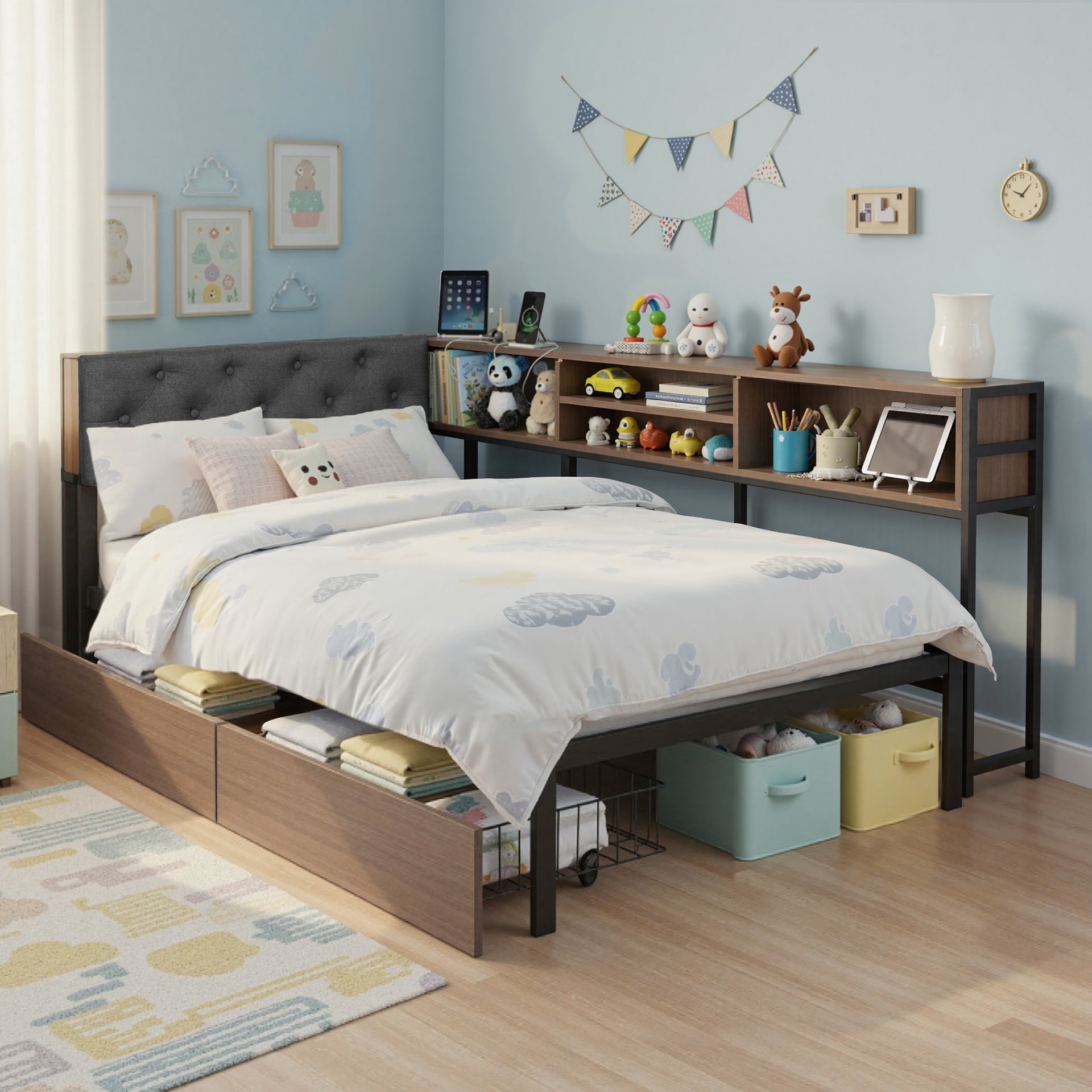 Artiss Bed Frame Single Size with 2 Drawers and Charging Station Metal Corner Bed Base Awezingly