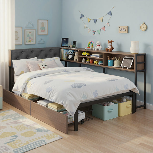 Artiss Bed Frame Single Size with 2 Drawers and Charging Station Metal Corner Bed Base Awezingly
