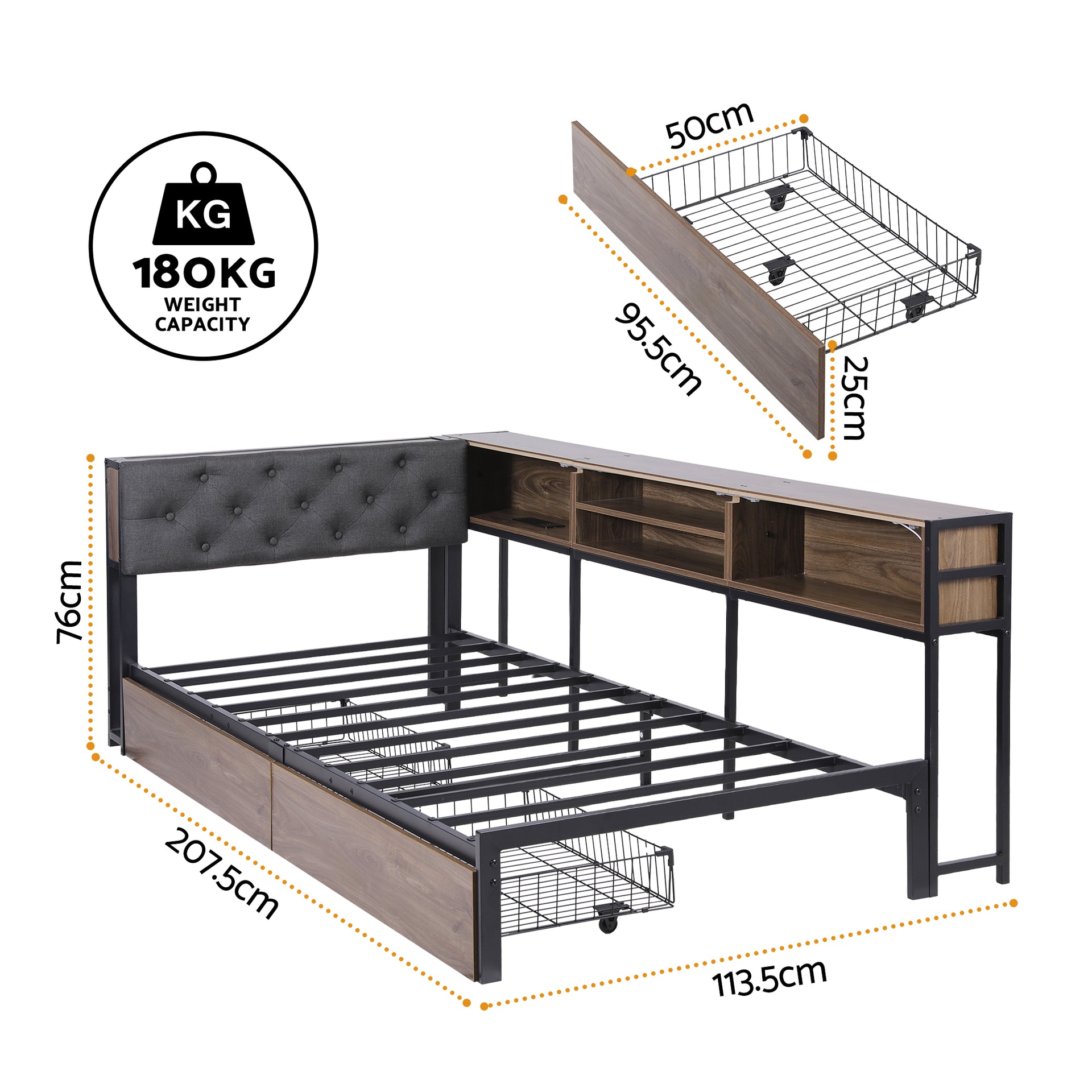 Artiss Bed Frame Single Size with 2 Drawers and Charging Station Metal Corner Bed Base Awezingly