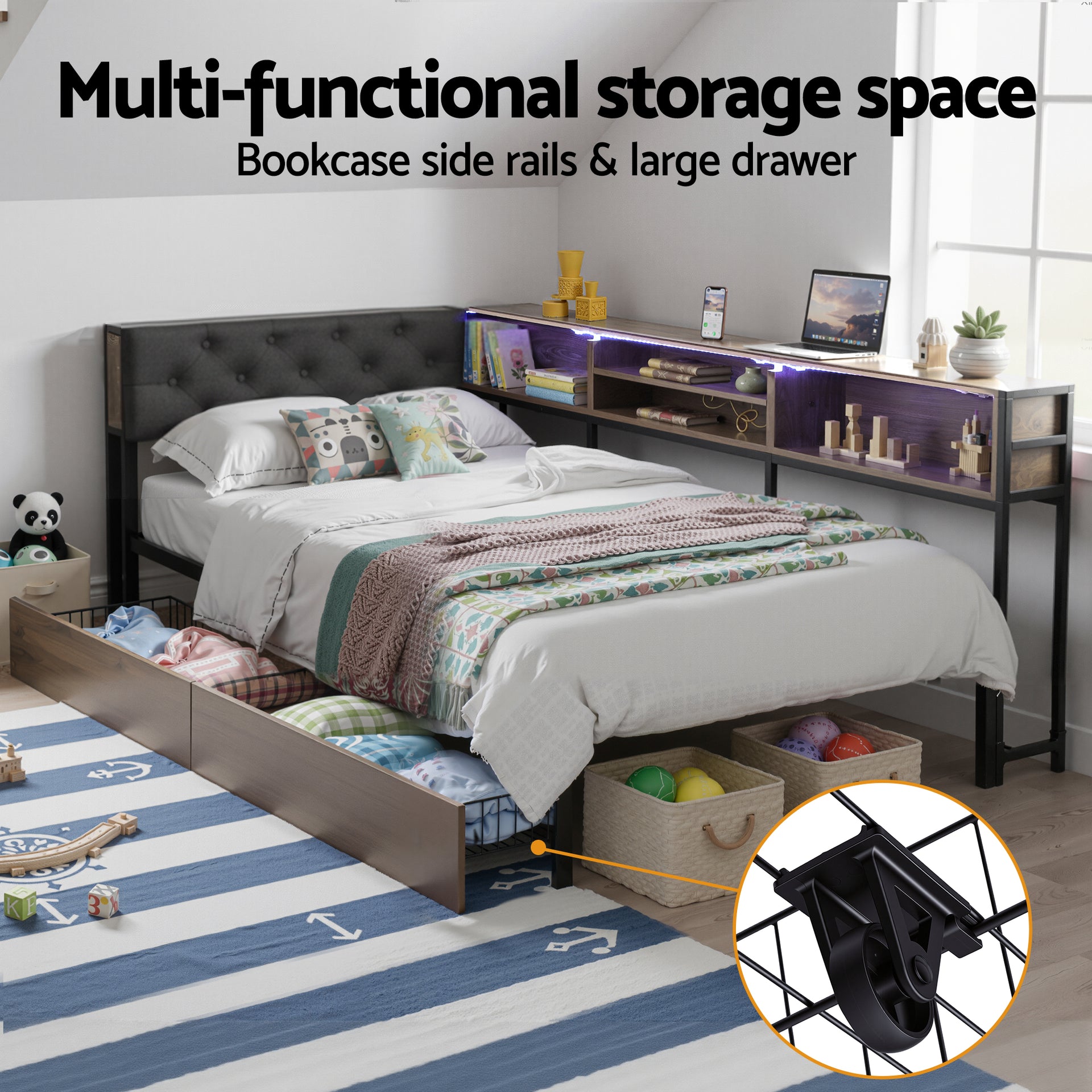 Artiss Bed Frame Single Size with 2 Drawers and Charging Station Metal Corner Bed Base Awezingly