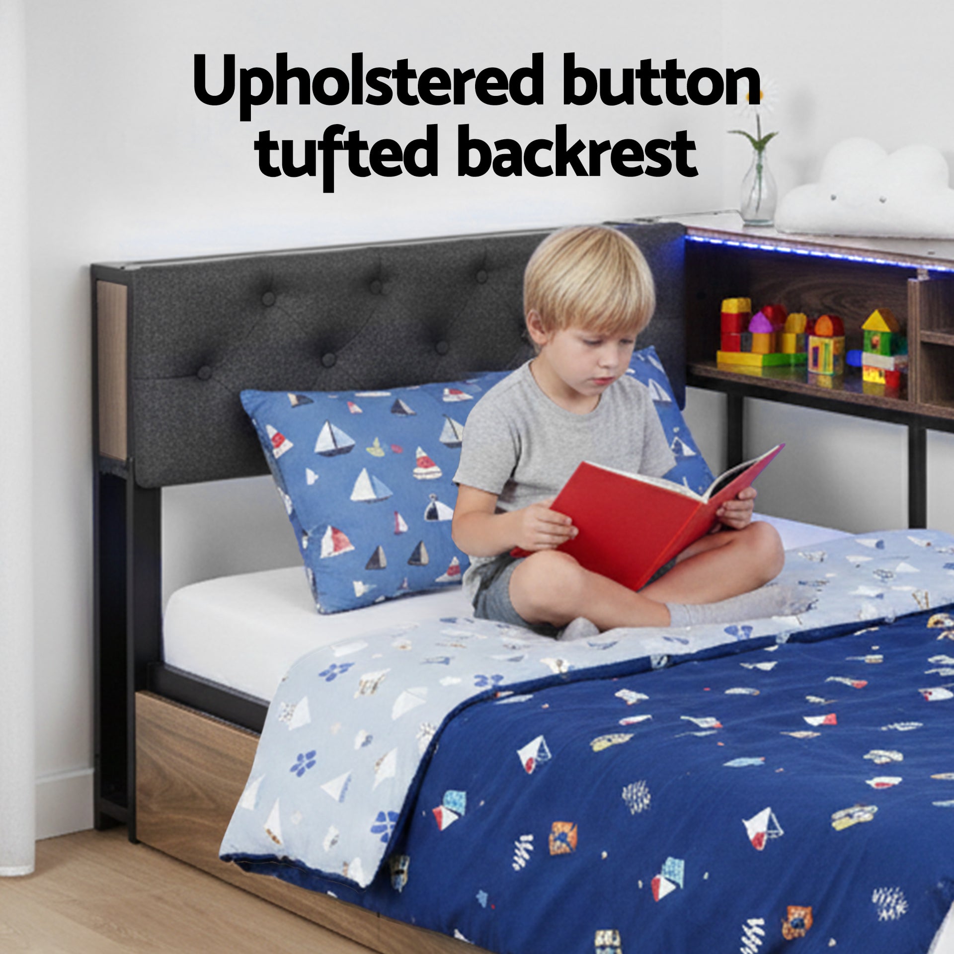 Artiss Bed Frame Single Size with 2 Drawers and Charging Station Metal Corner Bed Base Awezingly