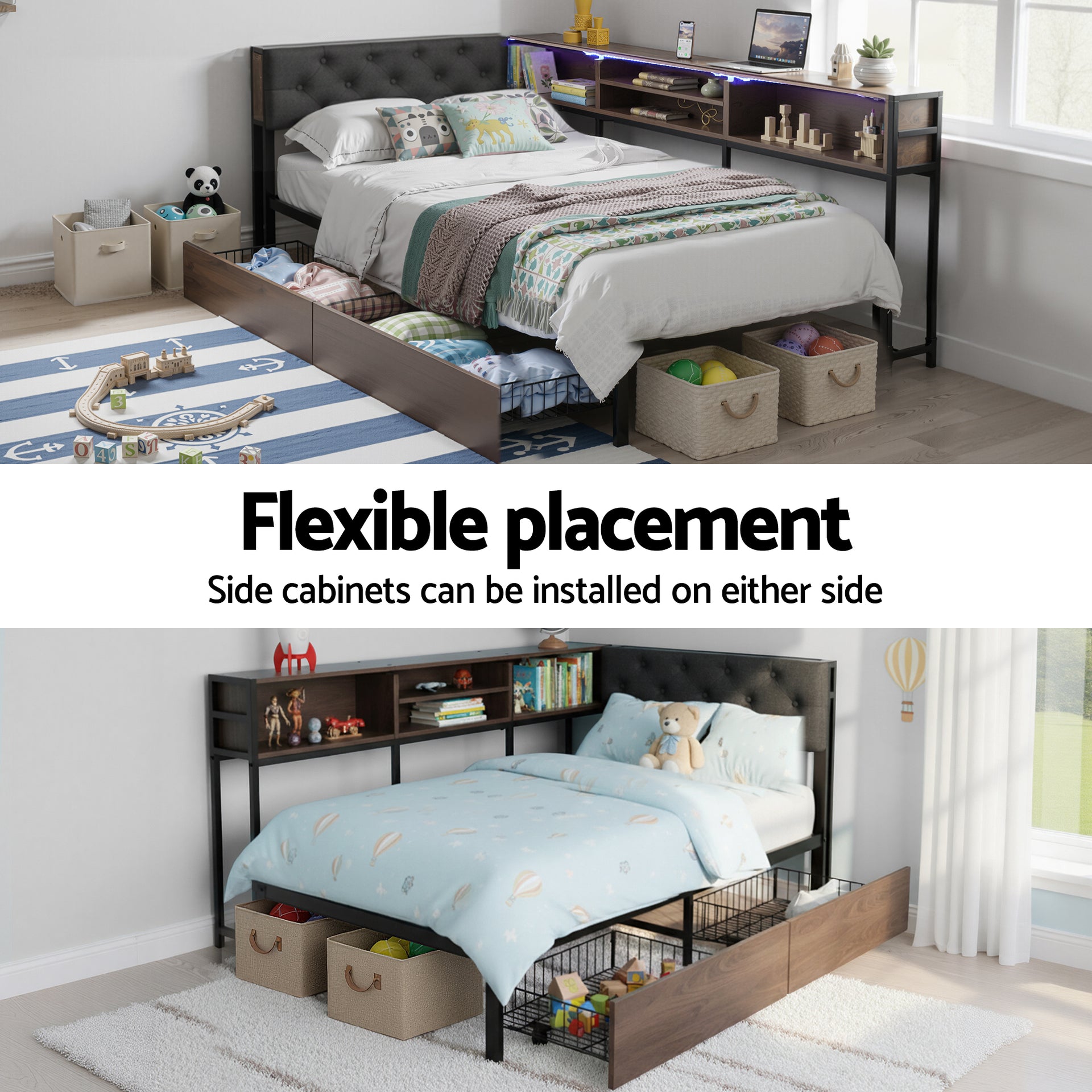 Artiss Bed Frame Single Size with 2 Drawers and Charging Station Metal Corner Bed Base Awezingly