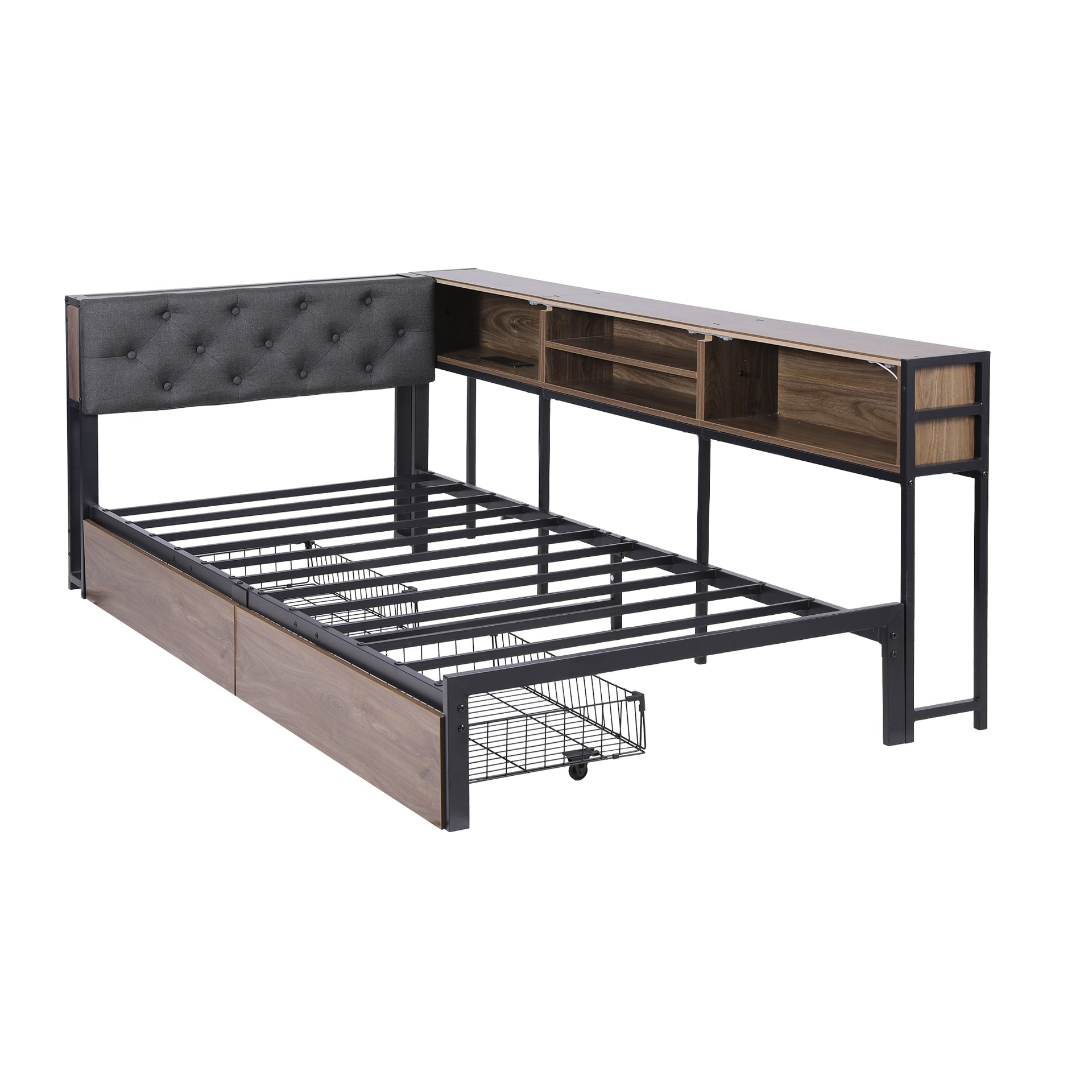 Artiss Bed Frame Single Size with 2 Drawers and Charging Station Metal Corner Bed Base Awezingly