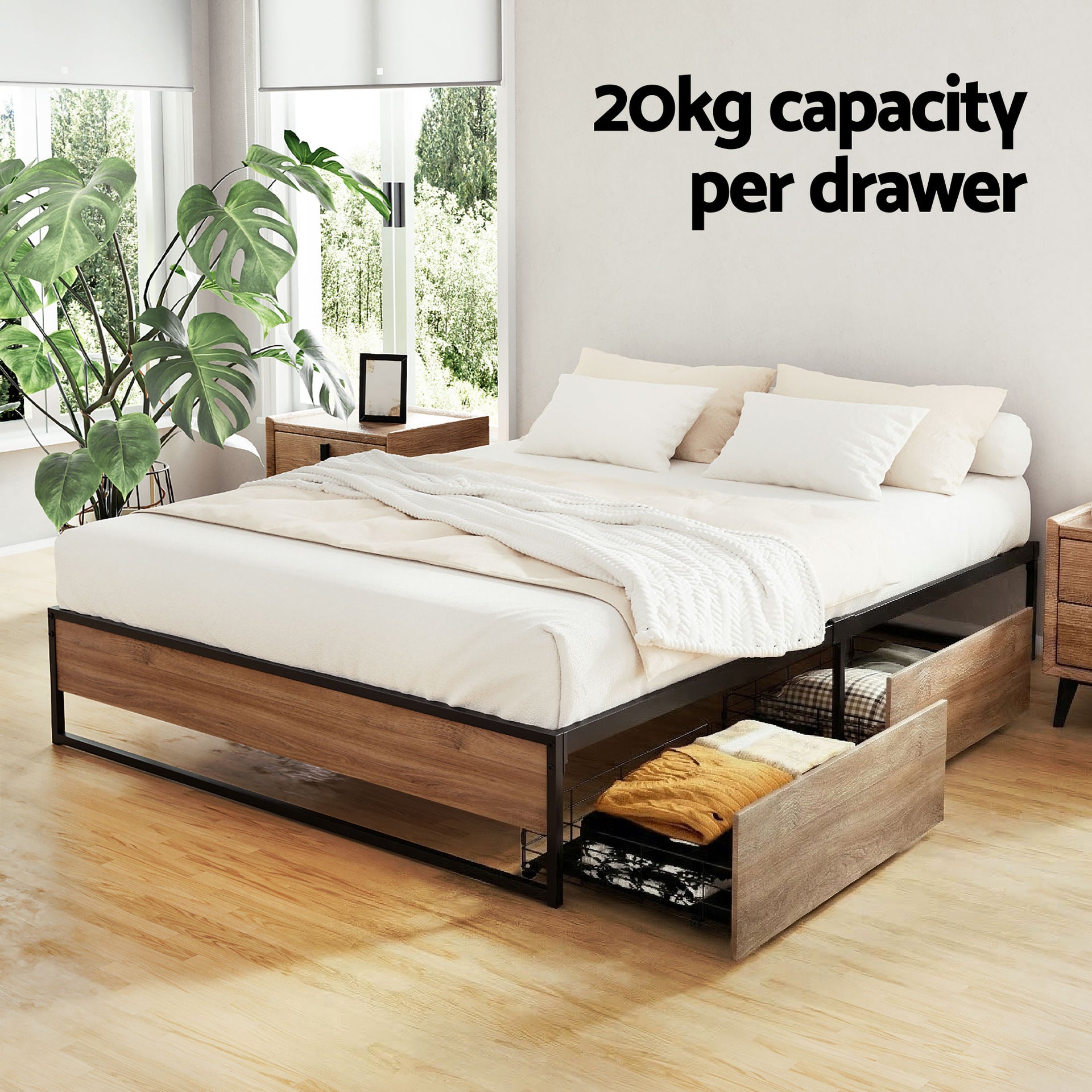 Artiss Bed Frame Metal Frame Double Size Bed Base 2 Drawers OSLO Awezingly