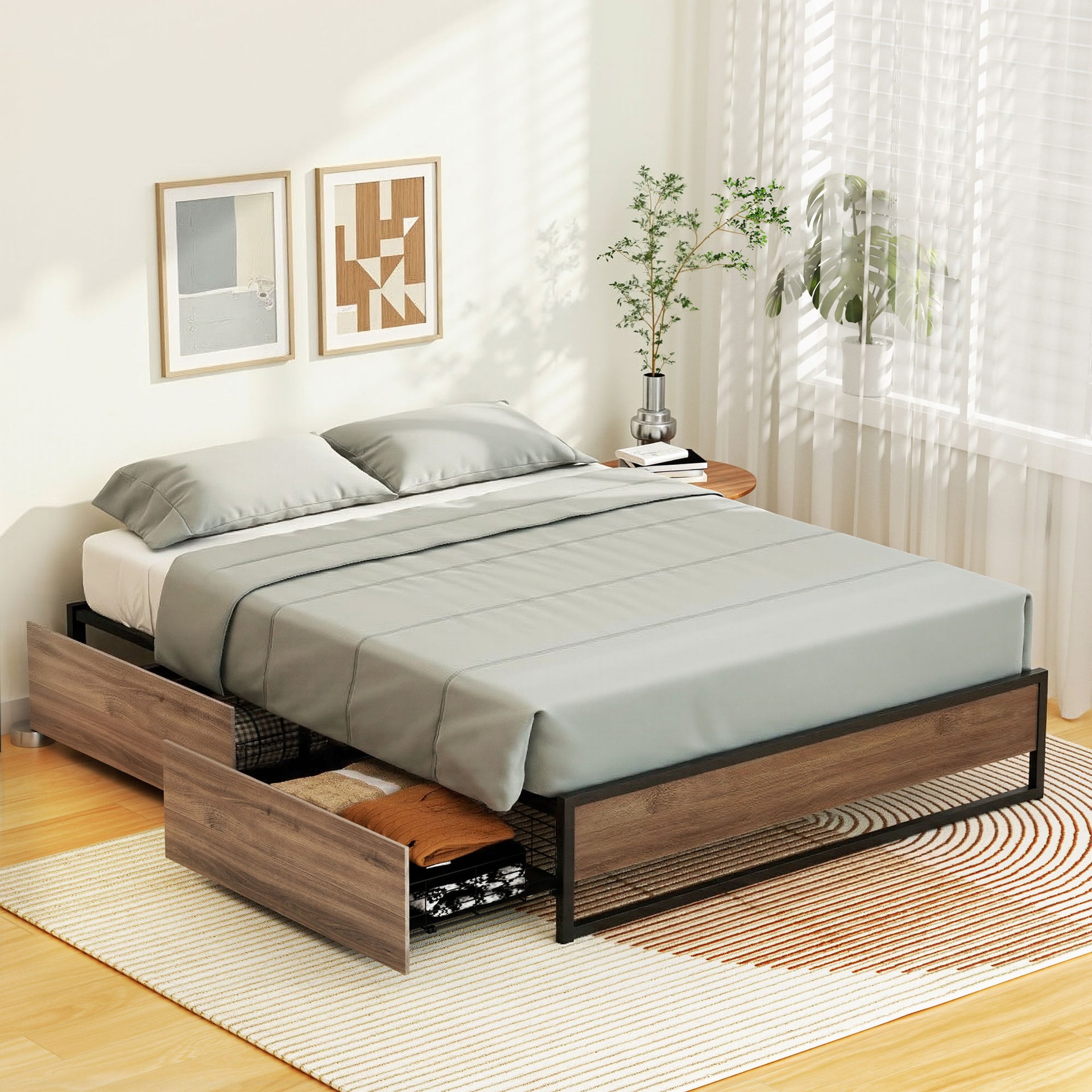 Artiss Bed Frame Metal Frame Queen Size Bed Base 2 Drawers OSLO Awezingly