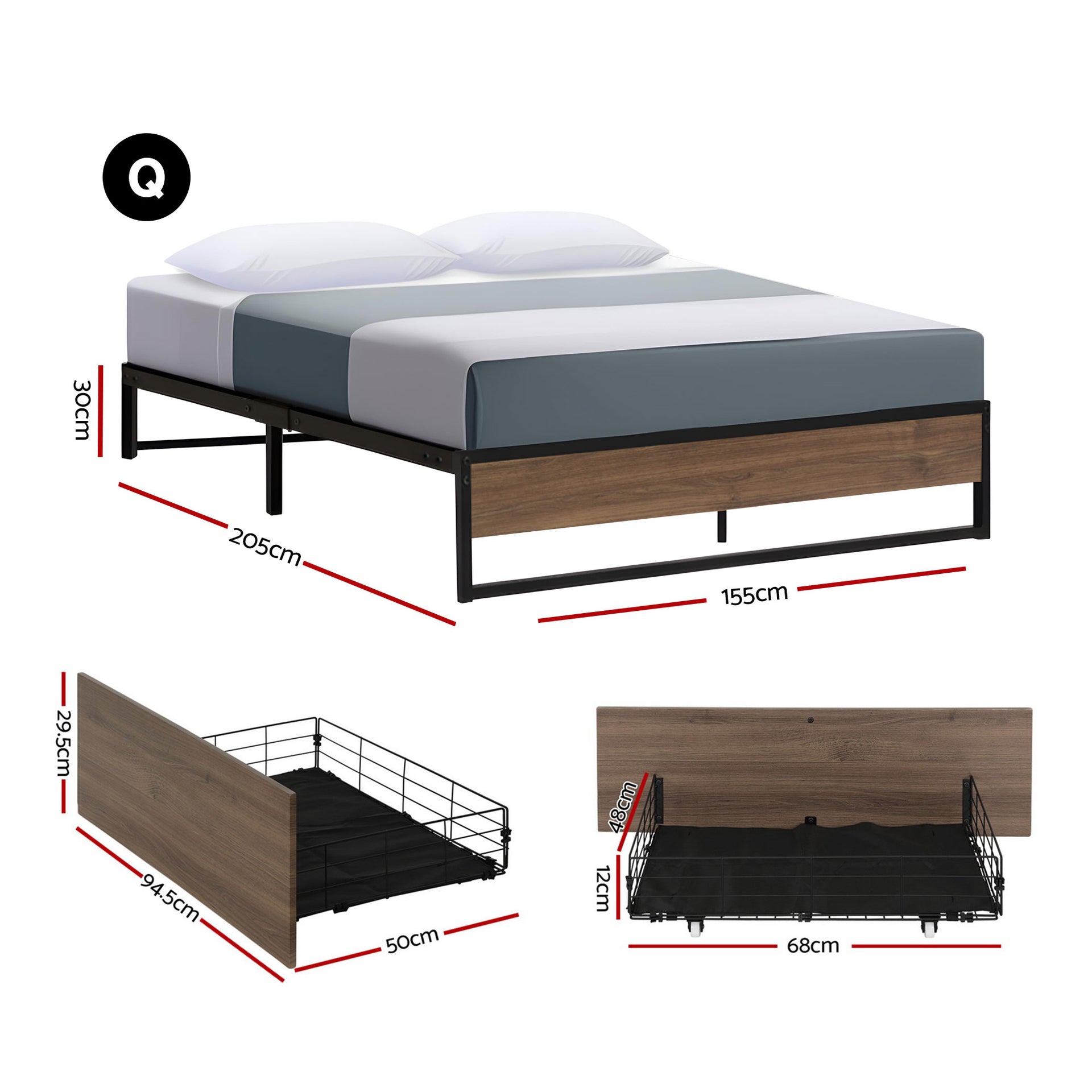 Artiss Bed Frame Metal Frame Queen Size Bed Base 2 Drawers OSLO Awezingly