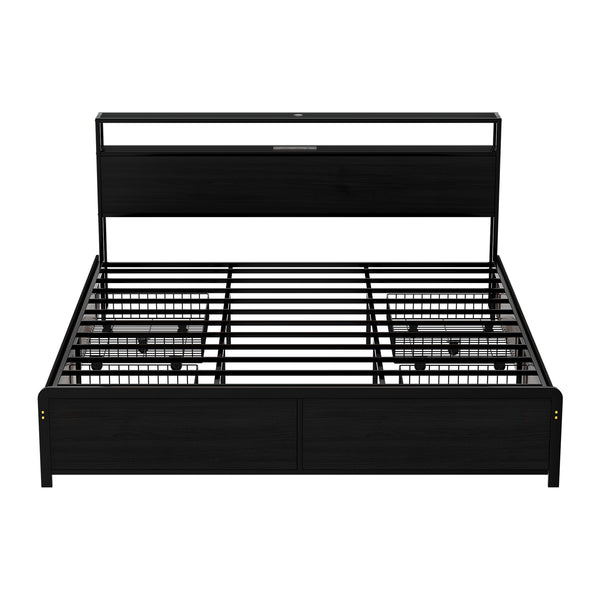 Artiss Metal Bed Frame King Size Storage Headboard Charge Station LED 4 Drawers Artiss