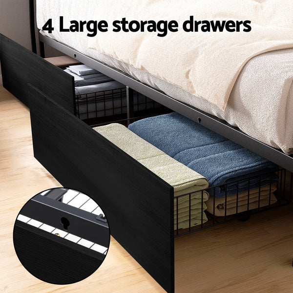 Artiss Metal Bed Frame King Size Storage Headboard Charge Station LED 4 Drawers Artiss