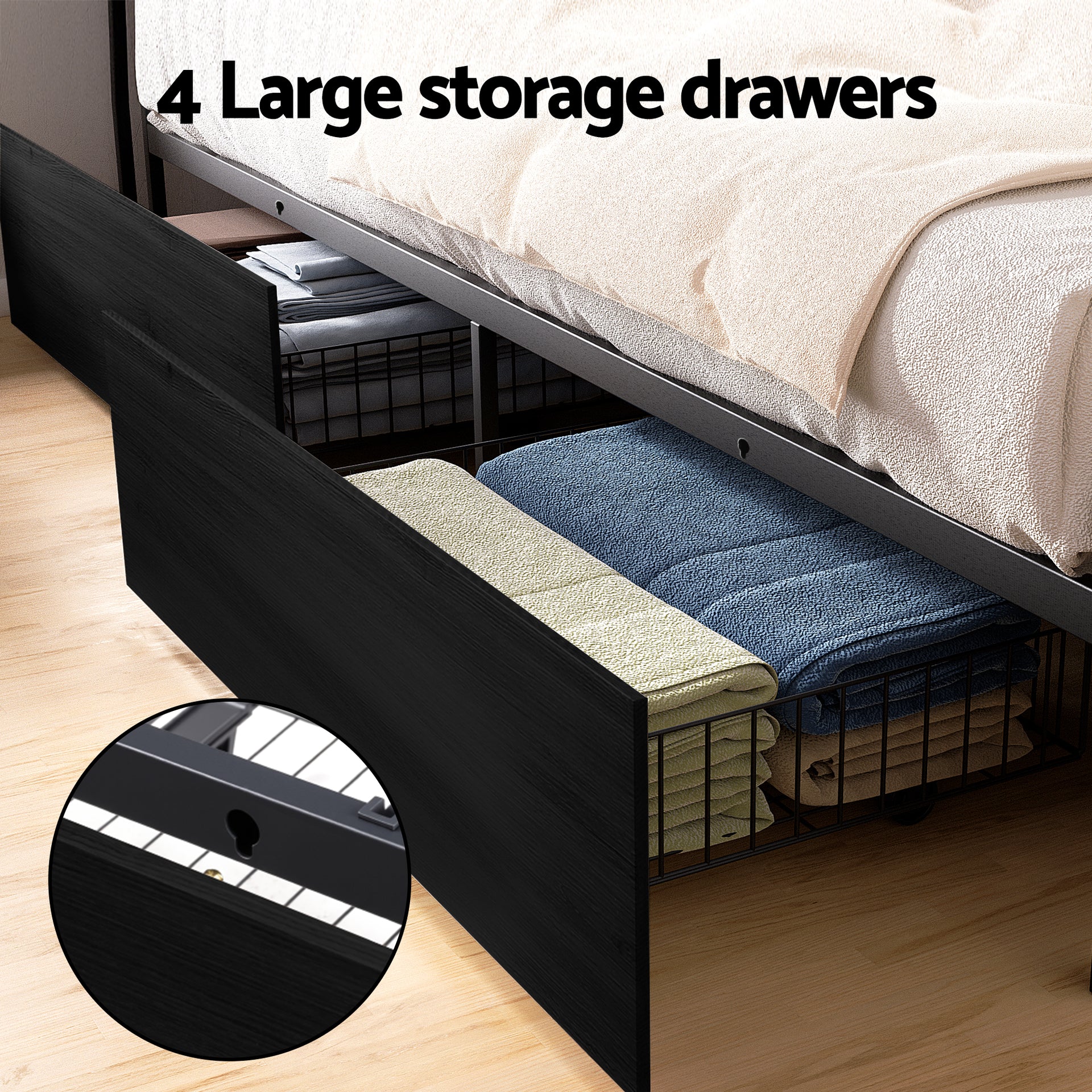 Artiss Metal Bed Frame Queen Size Storage Headboard Charge Station LED 4 Drawers Artiss
