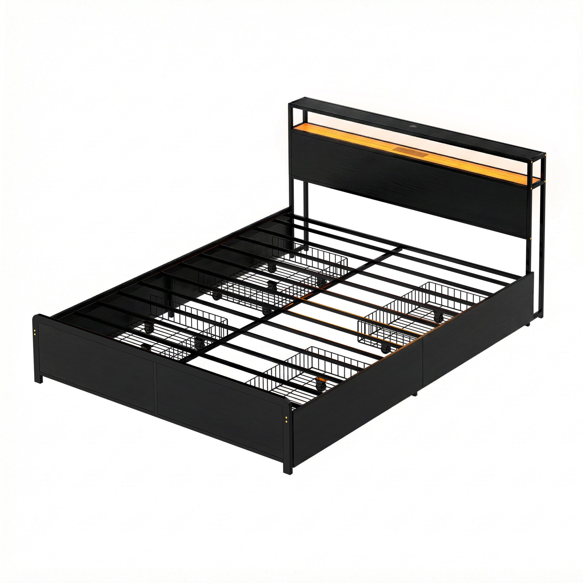 Artiss Metal Bed Frame Queen Size Storage Headboard Charge Station LED 4 Drawers Artiss