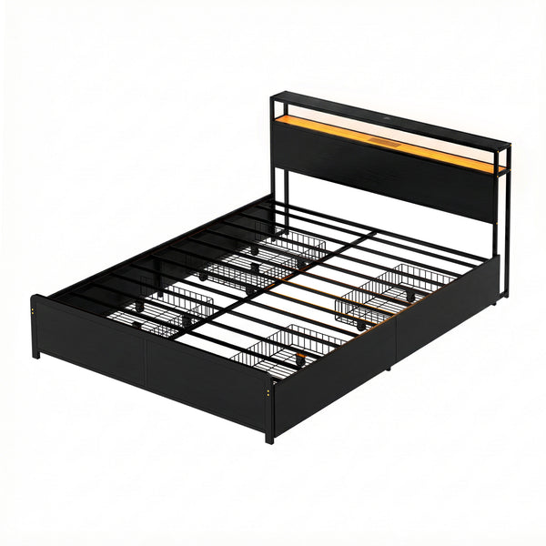 Artiss Metal Bed Frame Queen Size Storage Headboard Charge Station LED 4 Drawers Artiss