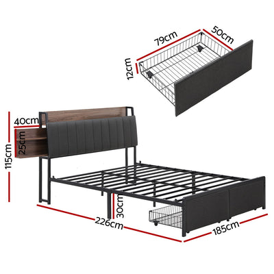 Artiss Metal Bed Frame King Size with 2-Tier Hidden Storage with Charging Station