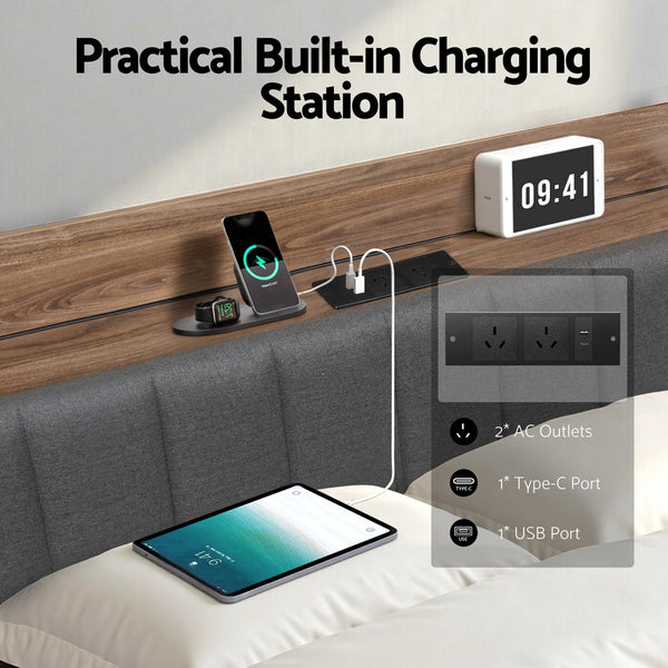 Artiss Metal Bed Frame King Size with 2-Tier Hidden Storage with Charging Station Artiss