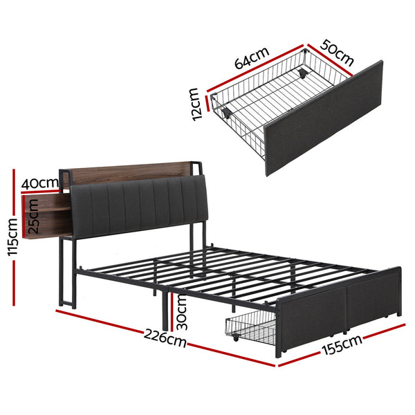 Artiss Metal Bed Frame Queen Size with 2-Tier Hidden Storage with Charging Station Artiss