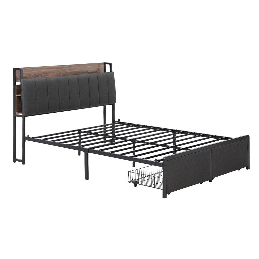 Artiss Metal Bed Frame Queen Size with 2-Tier Hidden Storage with Charging Station Artiss
