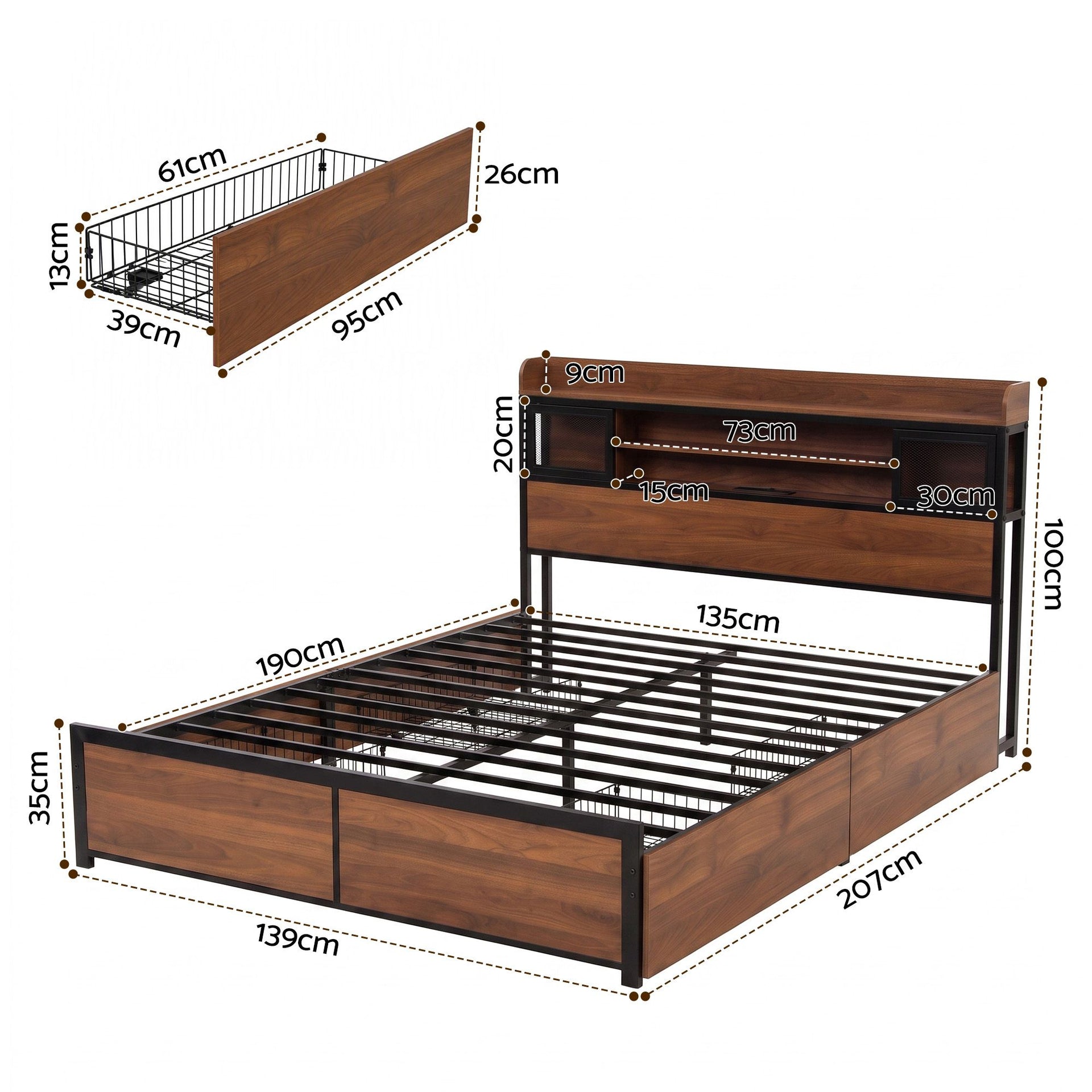 Artiss Double Bed Frame with Charging Station 4 Drawers Storage Oak Awezingly