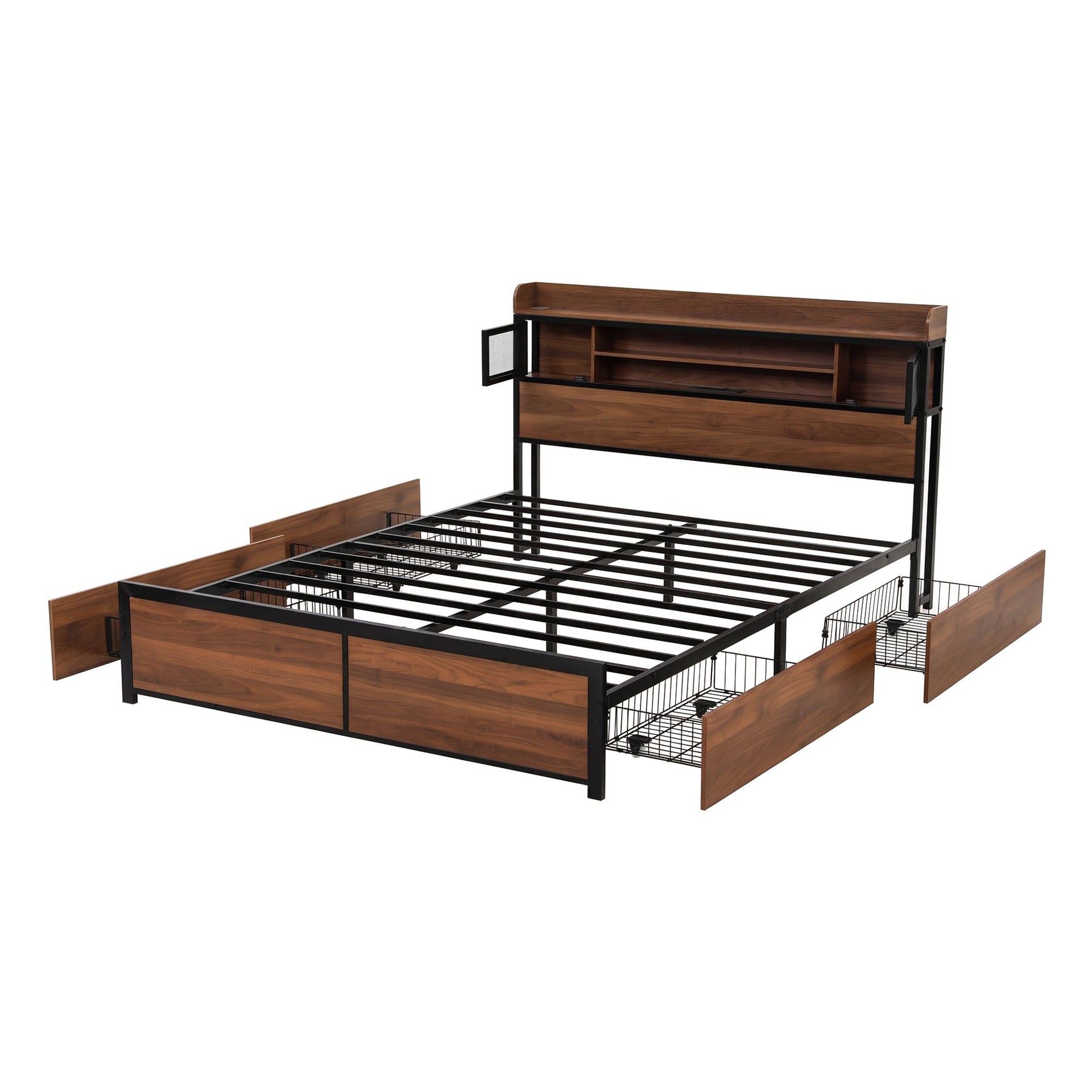 Artiss Double Bed Frame with Charging Station 4 Drawers Storage Oak Awezingly
