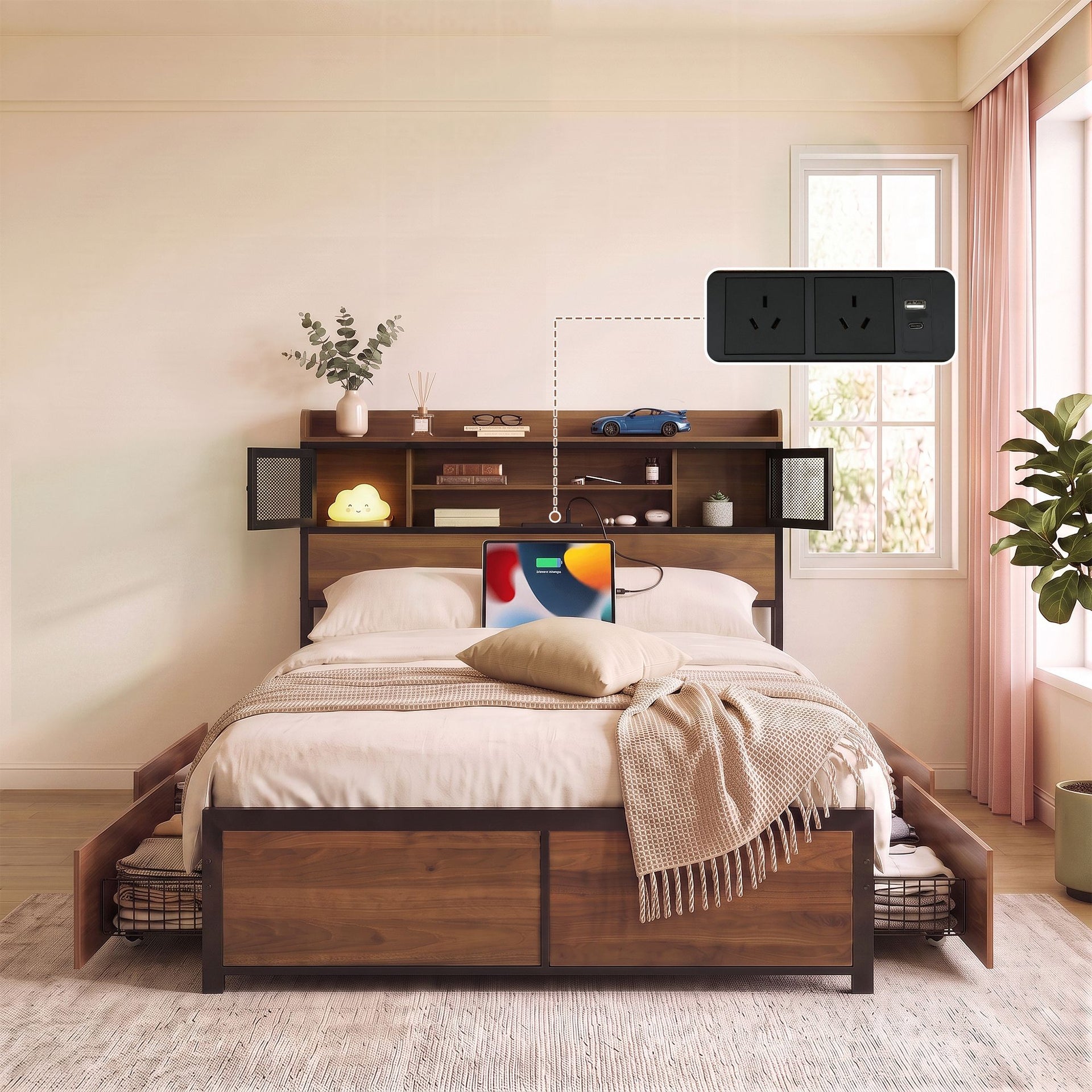 Artiss Double Bed Frame with Charging Station 4 Drawers Storage Oak Awezingly