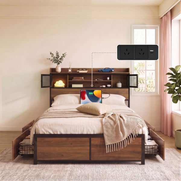Artiss Double Bed Frame with Charging Station 4 Drawers Storage Oak Awezingly