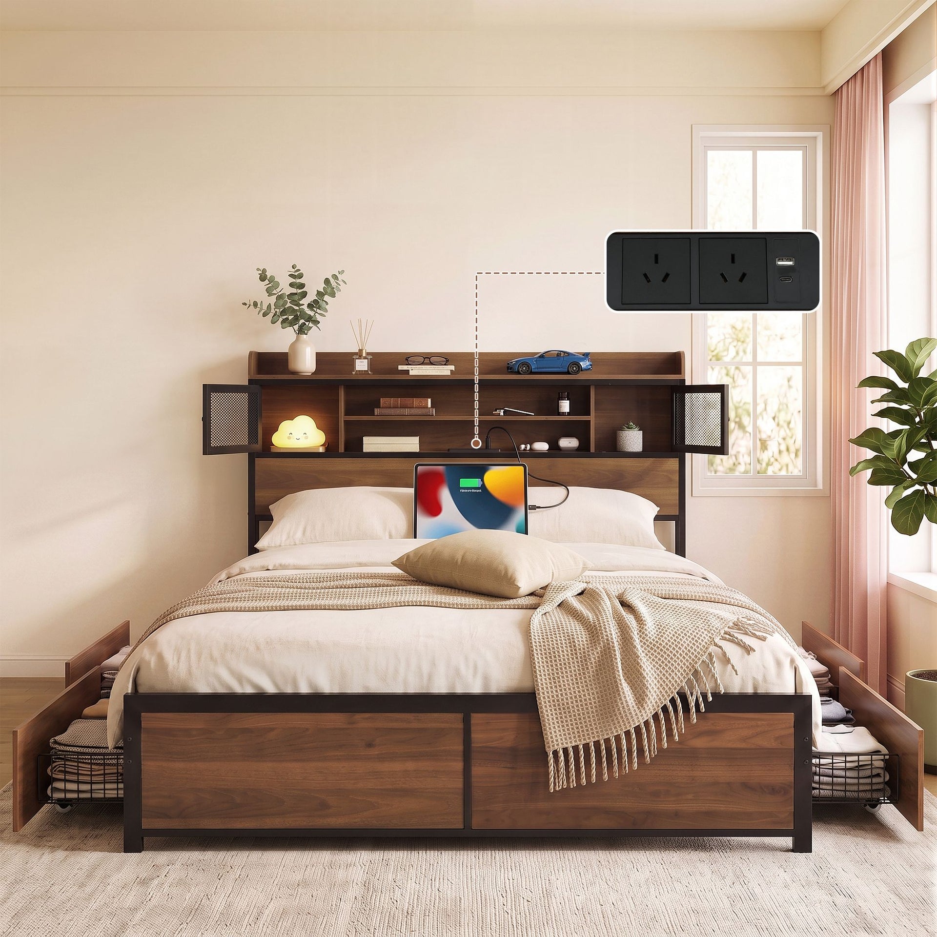 Artiss Queen Bed Frame with Charging Station 4 Drawers Storage Oak Awezingly